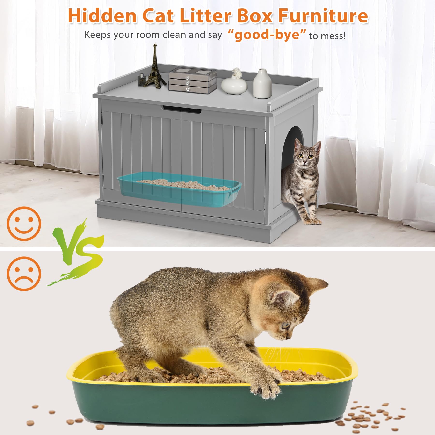 Pet Republic Hidden Cat Litter Box Enclosure - Cat Litter Box Furniture Table Nightstand (Grey)