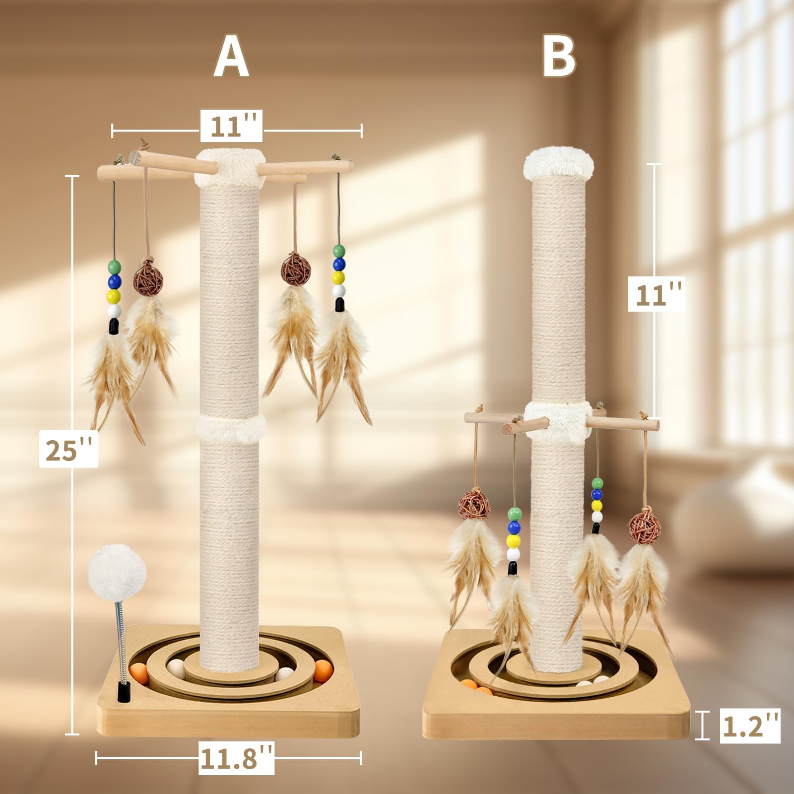 Cat Scratching Post, Sisal, Interactive Furniture Toys For Indoor Cats Adults, 2 Mounting Methods Scratcher Tree Tower With Hang