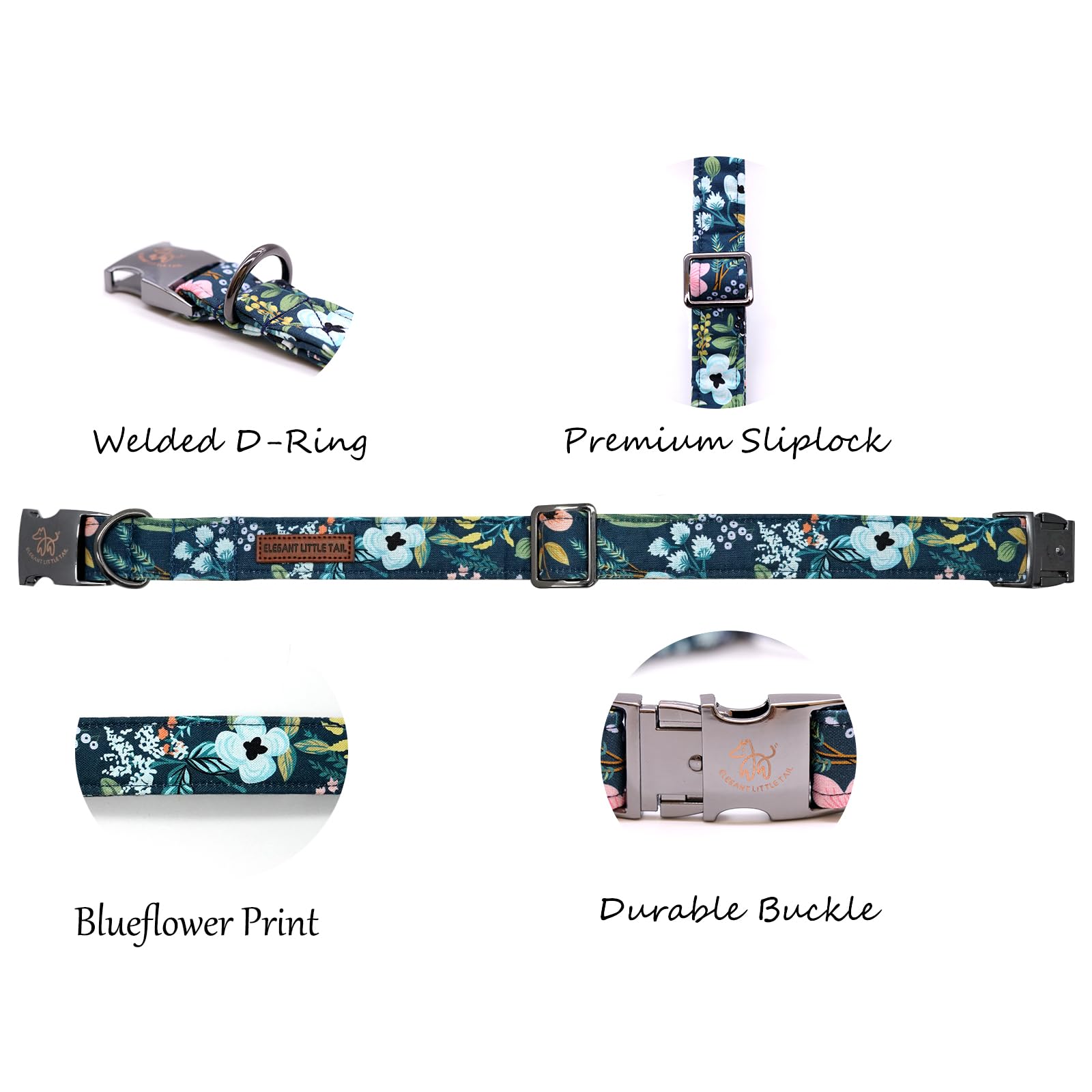 Elegant Little Tail Dog Collar, Floral Pet Collar Durable Darkblue Flower Dog Collars Male Or Female Holiday Pet Gift Adjustable