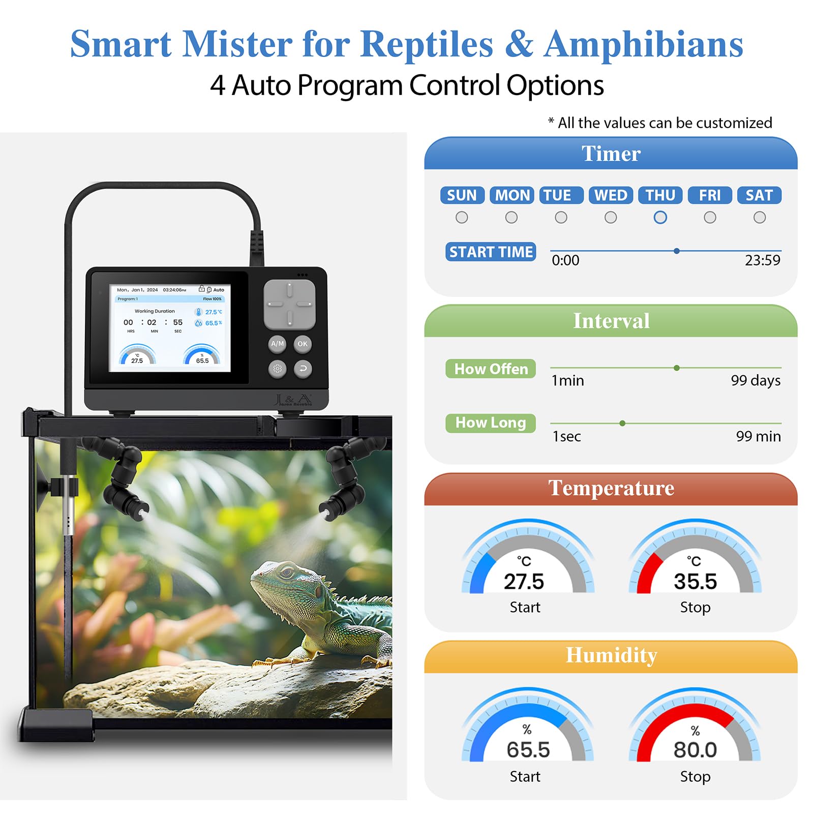 J&A Automatic Mister for Terrariums, Reptile Misting System with Programable Timer, Chameleon Fogger with Adjustable Spray Nozzl