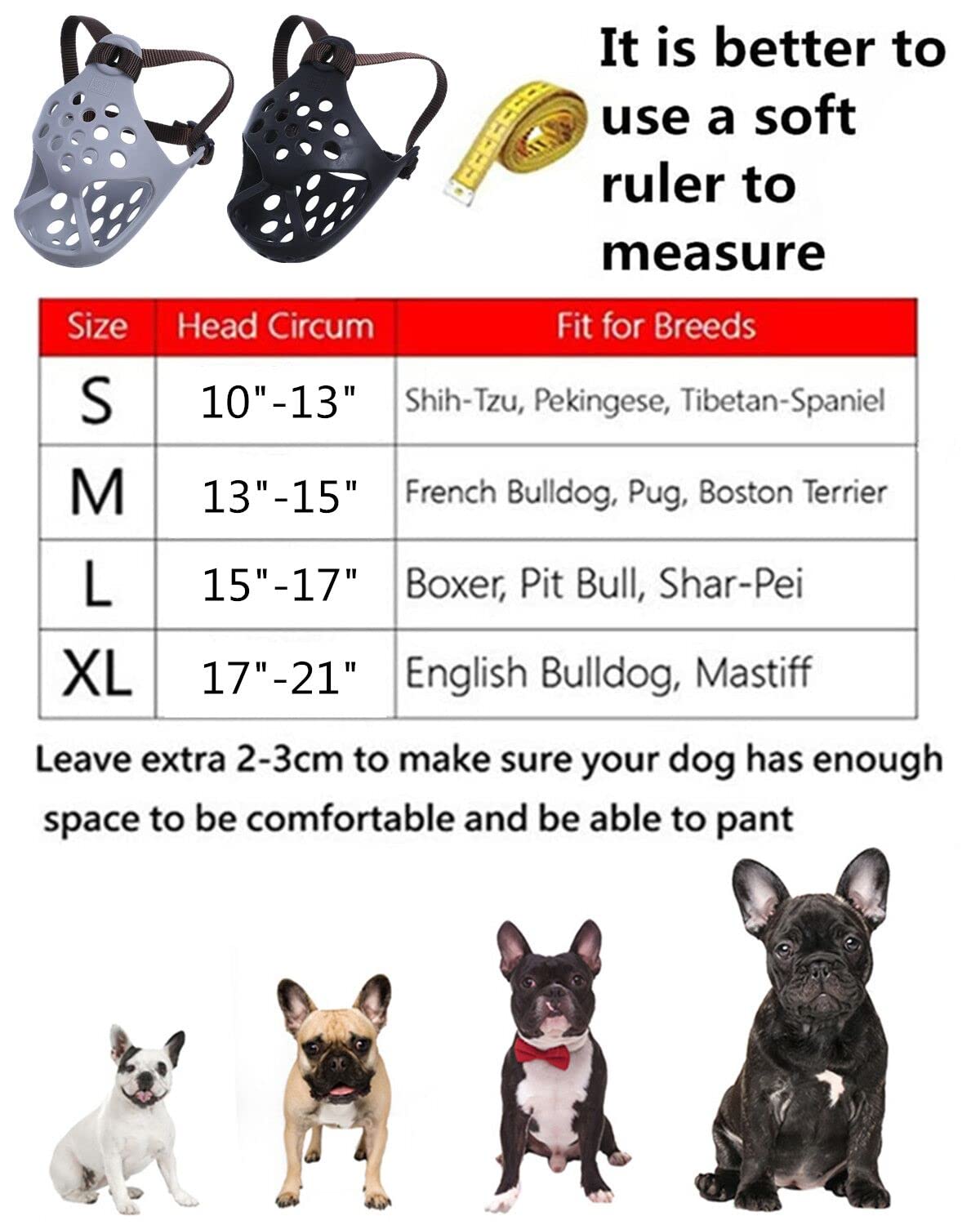 Jyhy Short Snout Dog Muzzles,Soft Silicone Adjustable Breathable Bulldog Muzzle For Biting Chewing Barking Training,Ideal For Flat-Faced Dogs (Medium/13-15'(Pack Of 1), Grey)