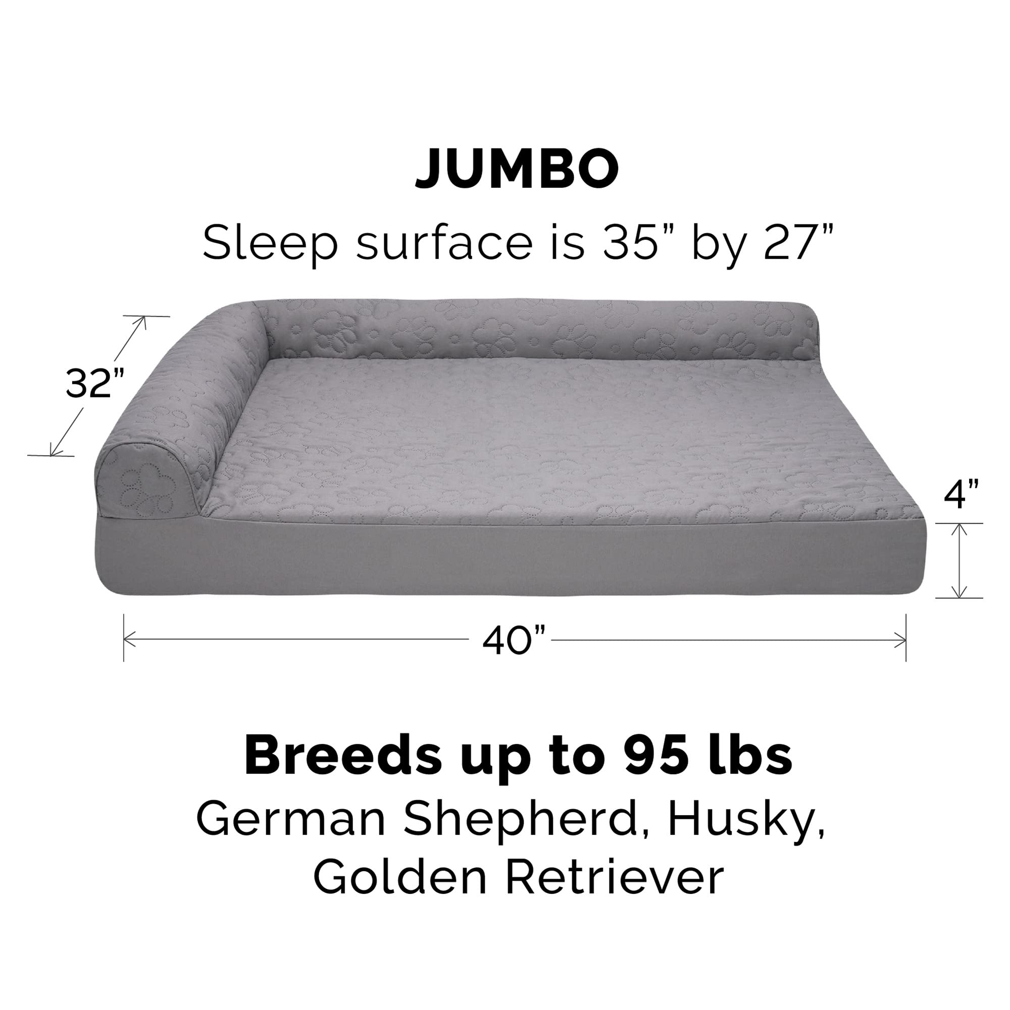 Furhaven Orthopedic Dog Bed For Large Dogs W/ Removable Bolsters & Washable Cover, For Dogs Up To 95 Lbs - Pinsonic Quilted Paw L Shaped Chaise - Titanium, Jumbo/Xl