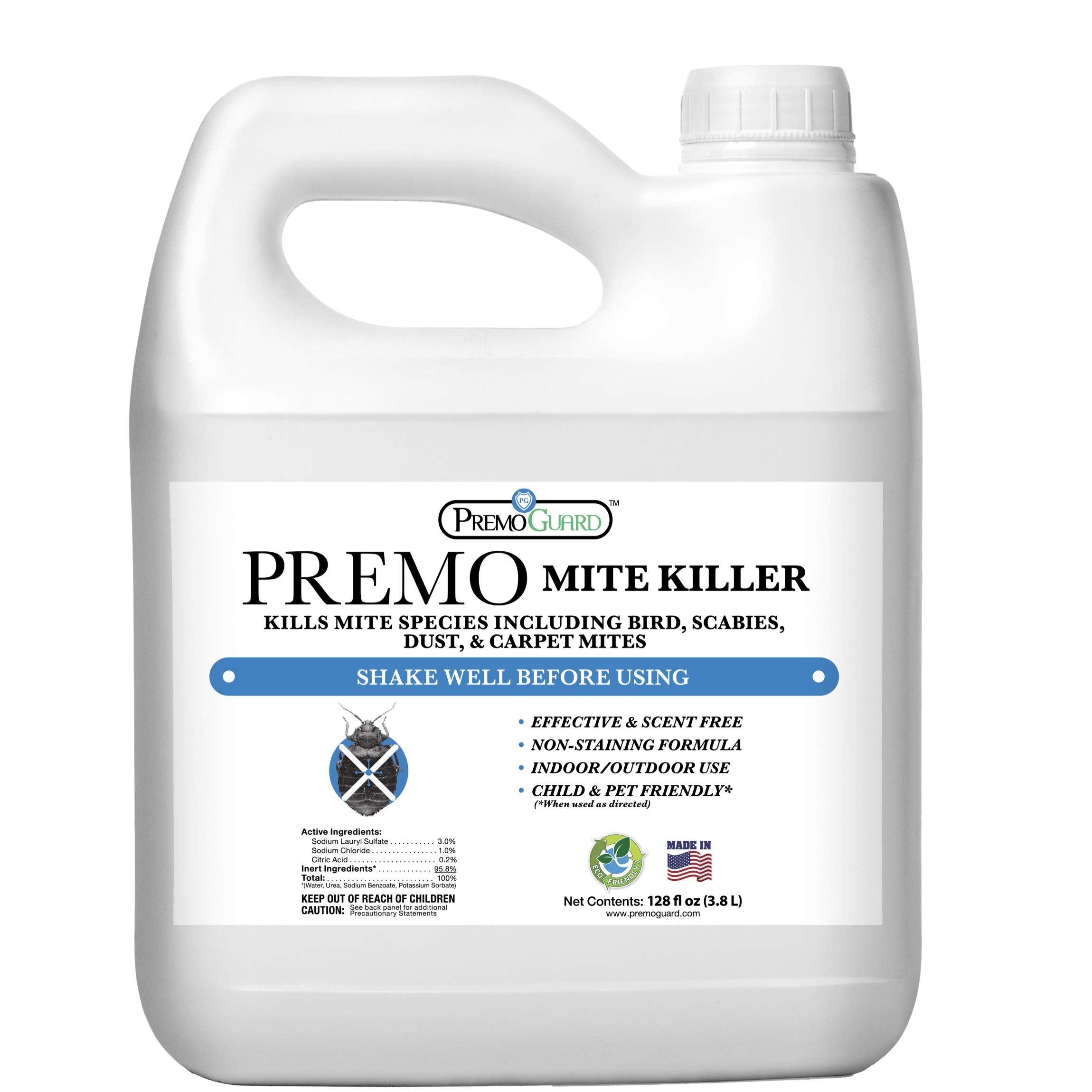 Mite Killer Spray By Premo Guard 128 Oz - Treatment For Dust Spider Bird Rat Mouse Carpet And Scabies Mites - Fast Acting 100% E