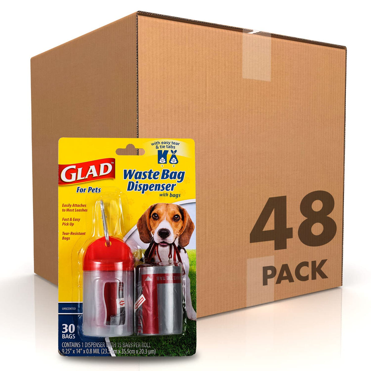 Glad For Pets Extra Large Unscented Dog Waste Bags With Dispenser And Metal Clip - Plastic Disposable Heavy Duty Poop Bags For Dogs, Easy To Use For Dog Walking (Pack Of 48, 1440 Count Total)