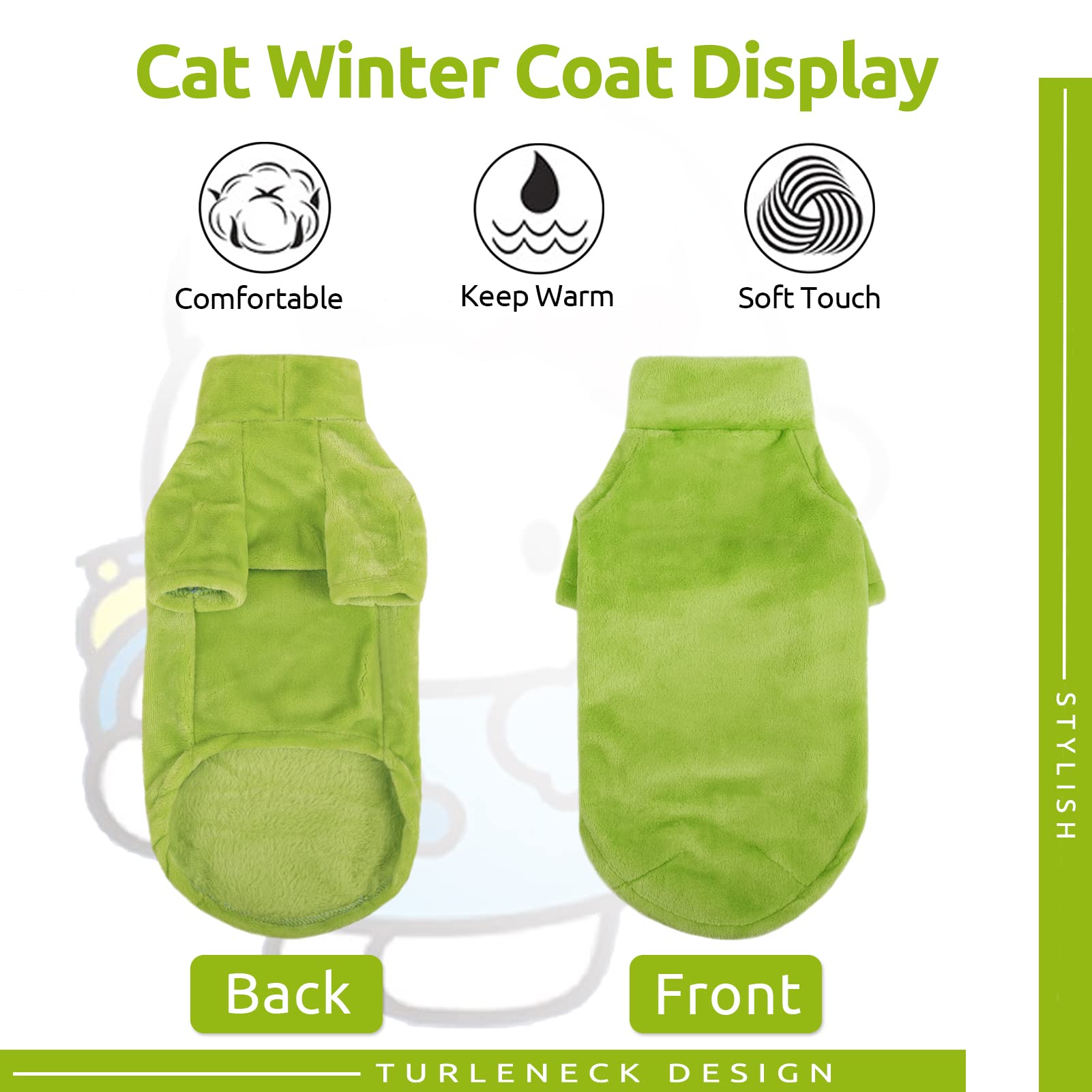 Sunfura Turtleneck Sweater Coat For Cat, Kitten Fleece Winter Pullover Vest Cat Cozy Soft Pajamas With Sleeves For Puppy Cats, Pet Warm And Jumpsuit Apparel For Cold Weather, Green S