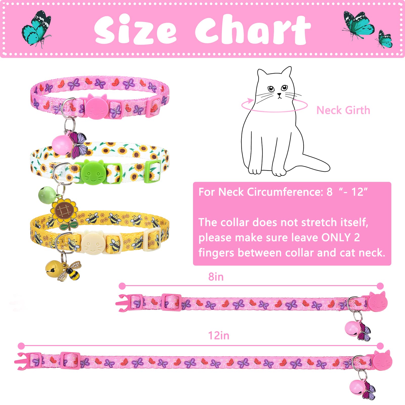 Vkpetfr Breakaway Cat Collars With Bell & Cute Pendants - 3 Pack Adjustable Safety Kitten Collars - Summer Decoration For Girl B