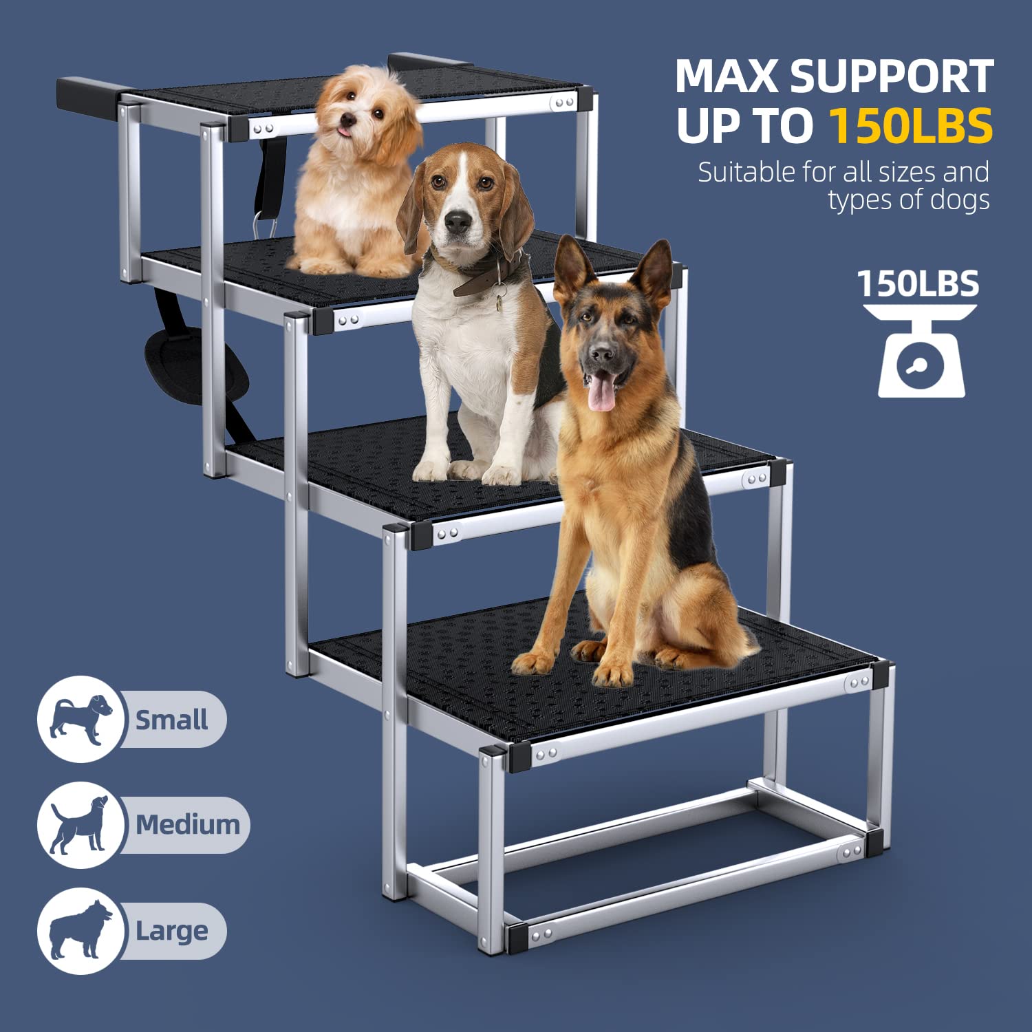 Petruna Dog Stairs For Car, Foldable Dog Ramp For Car With Non-Slip Surface, Portable Dog Stairs Aluminum Dog Steps For Cars And Suv, High Beds, Truck, Supports Up To 250 Lbs, 4 Steps
