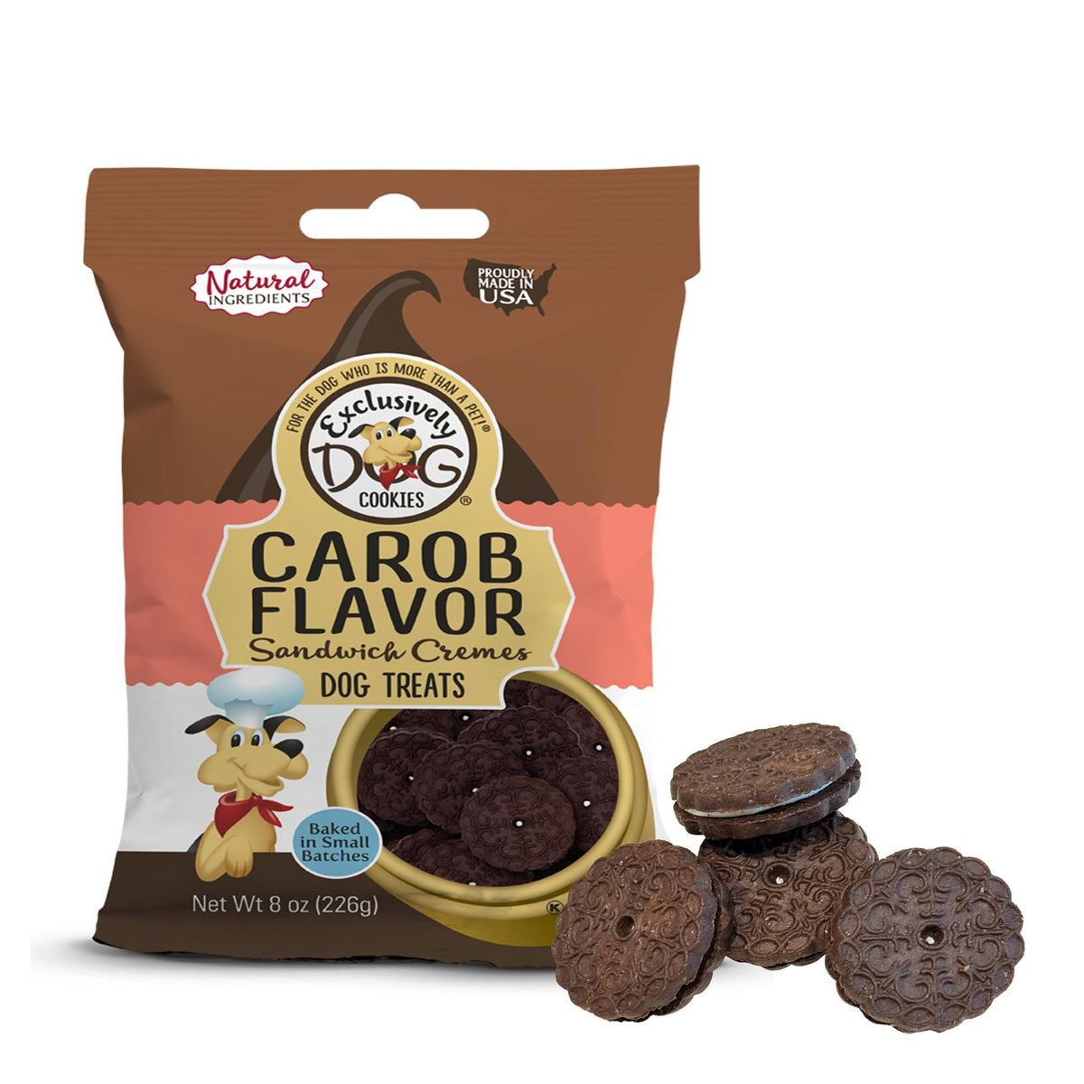 Exclusively Dog Carob Sandwich Cremes Cookies - All Natural Dog Treats, No Animal Byproducts, Baked In The Usa, Ideal For Medium To Large Dogs - Carob Flavor, 8Oz Bag