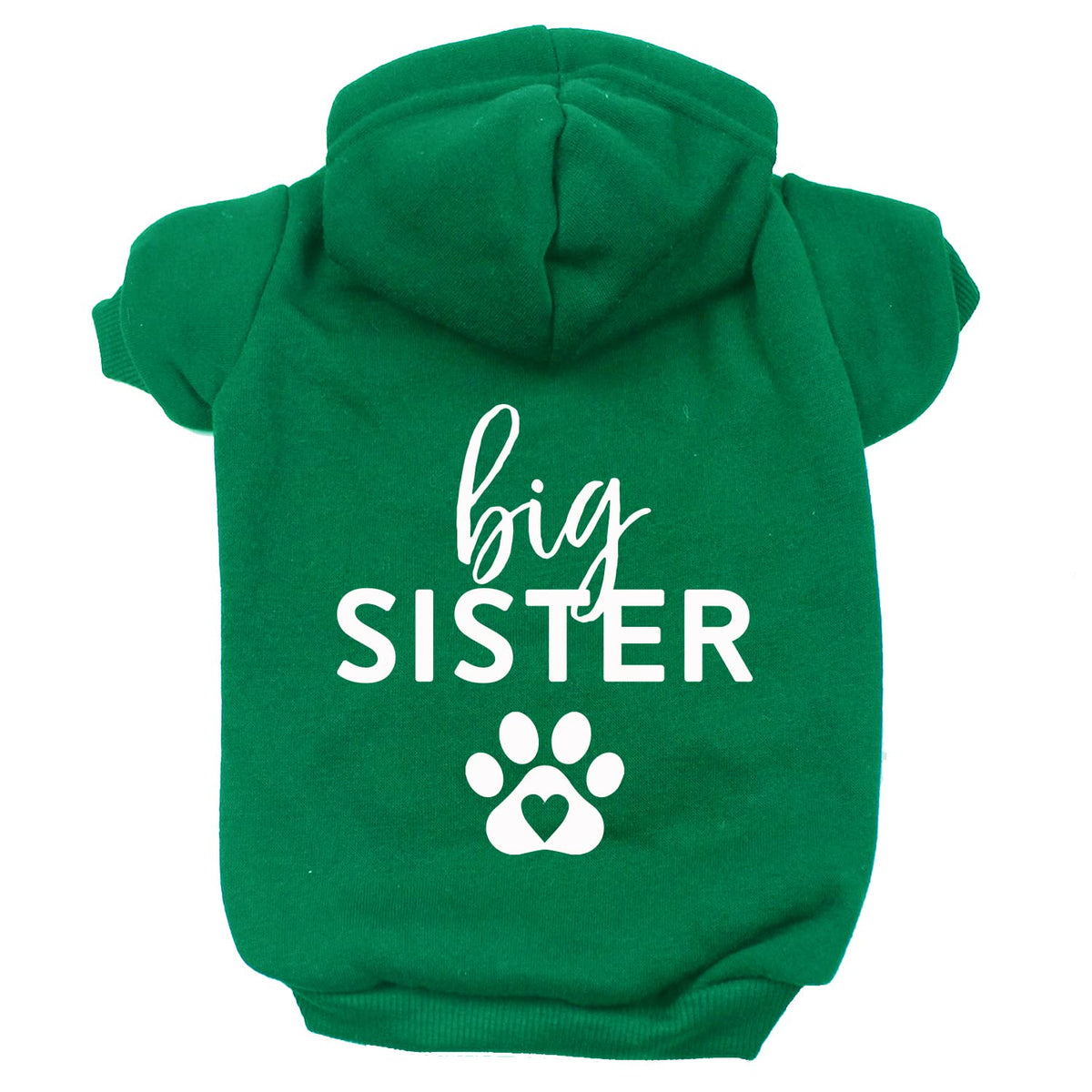 Big Sister Heart Paw Pullover Fleece Lined Dog Hoodie (Green Hooded Sweatshirt)