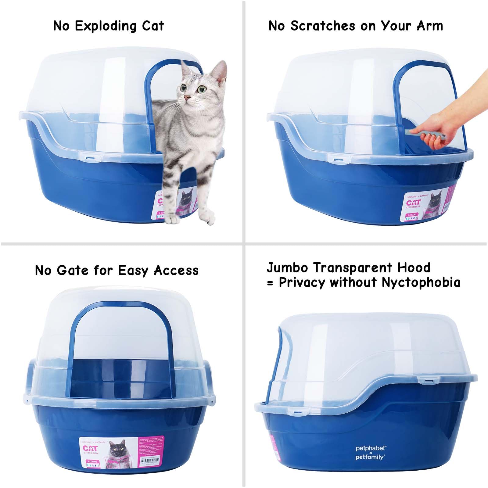 Petphabet Covered Litter Box, Jumbo Hooded Cat Litter Box Holds Up To Two Small Cats Simultaneously,Extra Large (Navy Blue)