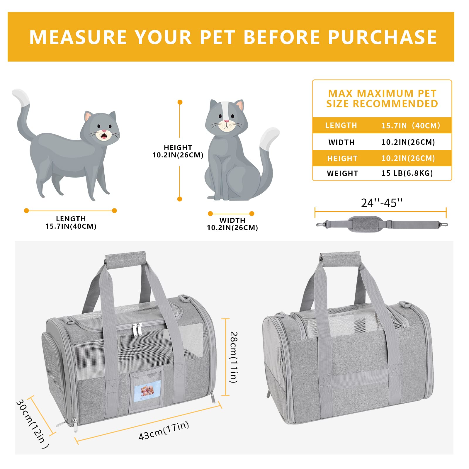 Seclato Pet Carrier Airline/Tsa Approved Small Dogs, Kitten, Carriers For Small Medium Cats Under 15Lb, Collapsible Soft Sided Cat Travel Carrier-Grey