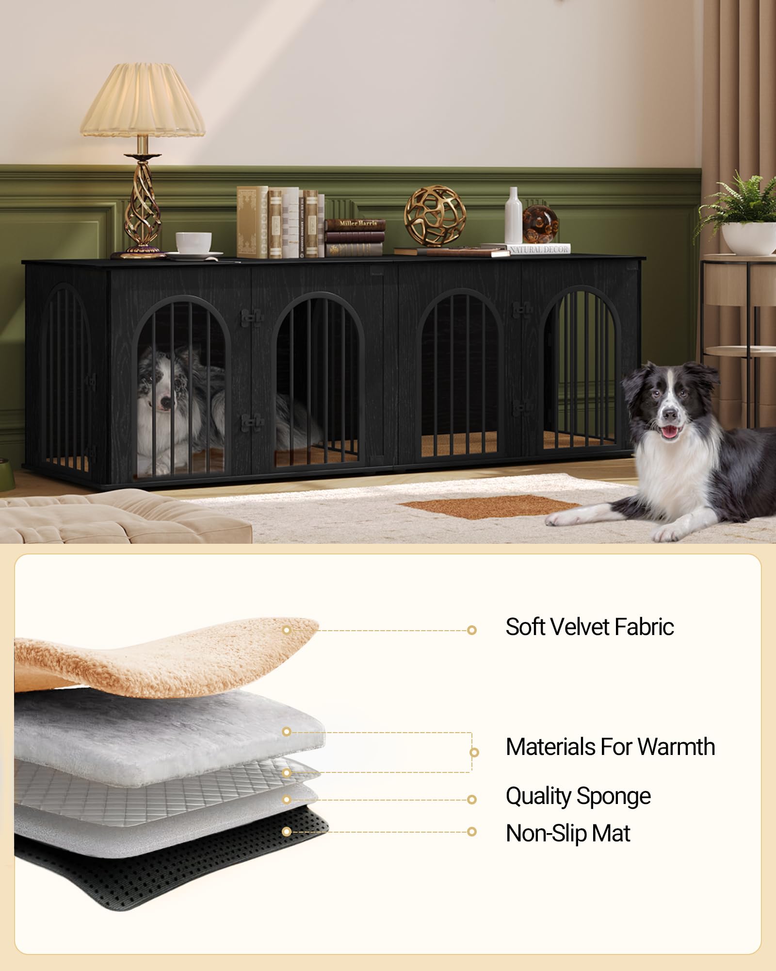 Hzuaneri 71 Dog Crate Furniture for 2 Dogs, Heavy Duty Indoor Dog Kennel TV Stand, XL Wooden Dog Cage with Divider for Medium La
