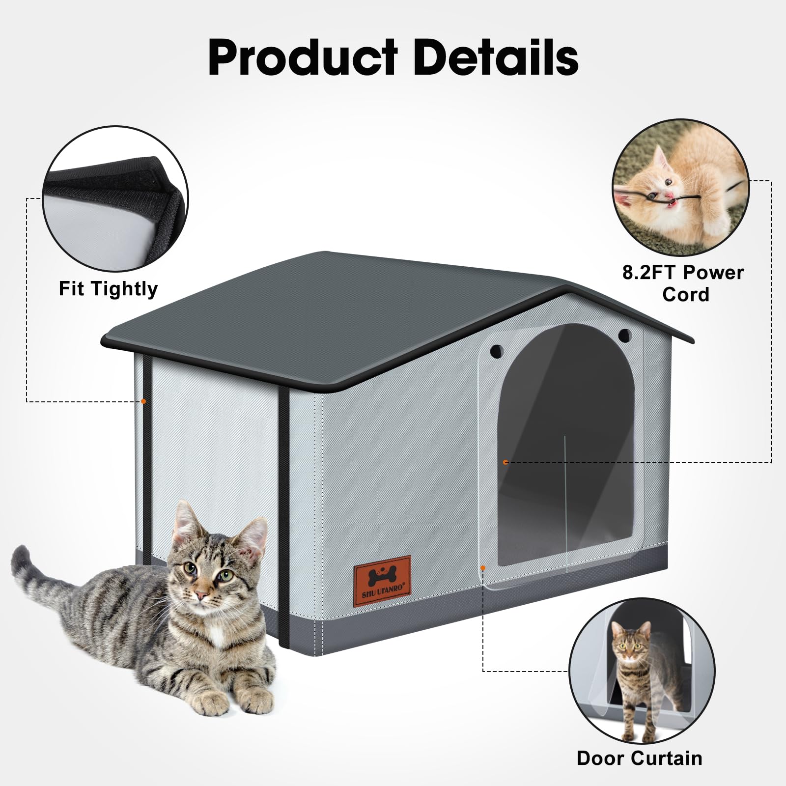 SHU UFANRO Heated Cat House - Weatherproof Indoor/Outdoor Shelter for Cats & Small Dogs, Grey, 20"x17"x16", Model PTPM007-GY