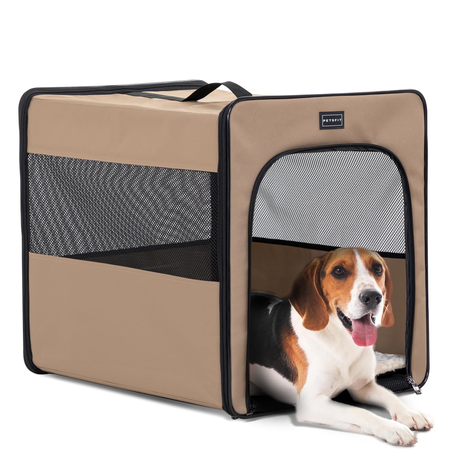 Petsfit Collapsible Dog Crate, Dog Travel Crate - 24 Inch With Thicken Mat, Easy To Fold, Sturdy And Portable, Perfect For Traveling, Soft Sided Dog Crate Khaki