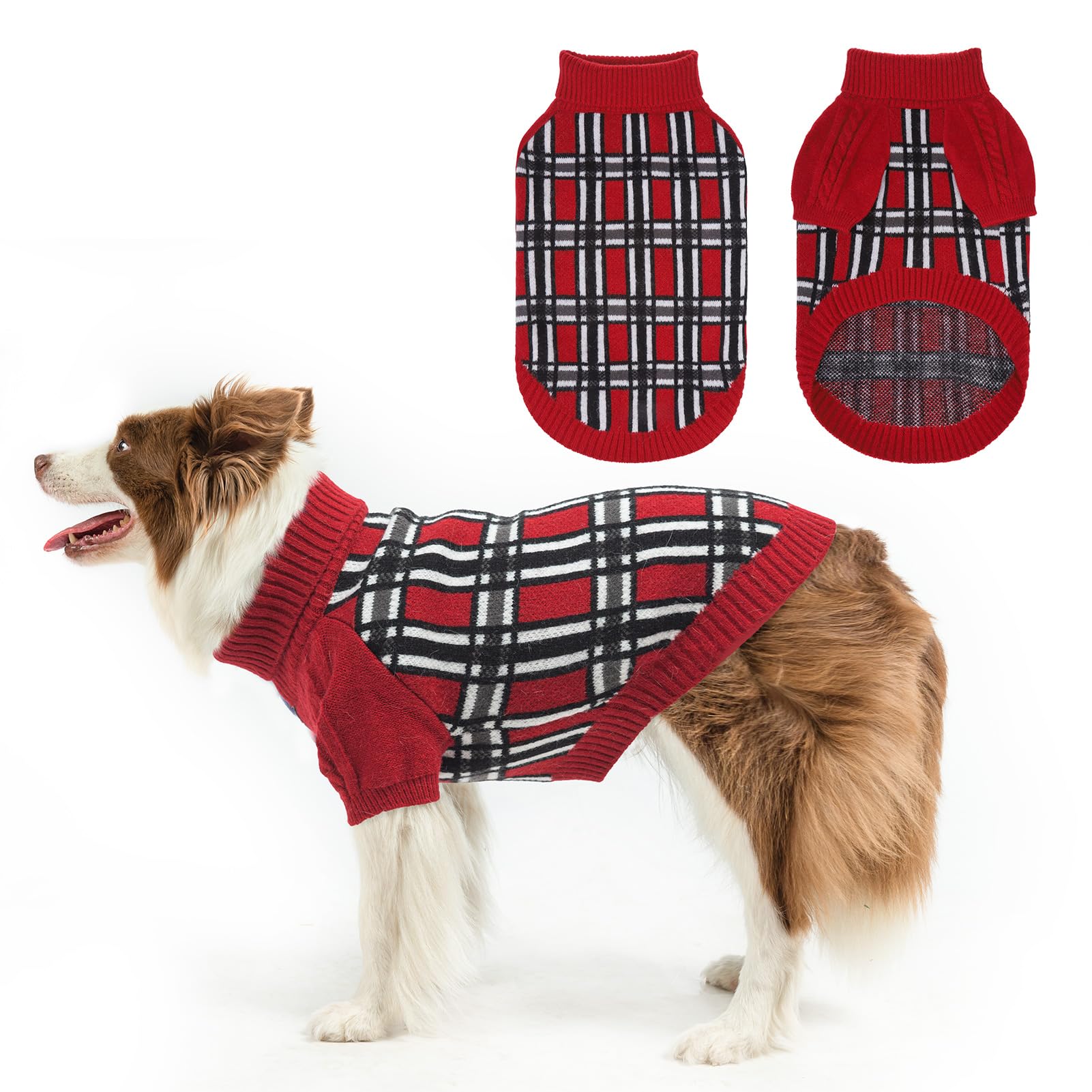 Scenereal Medium/Large Dog Pullover Sweater, Cable Knitwear Dog Sweatershirt For M Big Dogs,Plaid Turtleneck Thick Warm Dog Clot