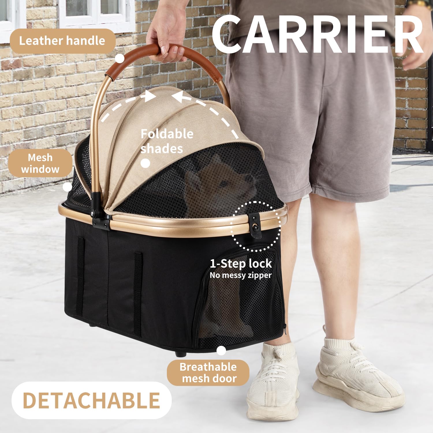 3 In 1 Pet Stroller With 4 Wheels, Foldable Pet Travel Carrier For Small/Medium Dogs Cats Up To 50Lbs, Detachble Portable Pet Ba