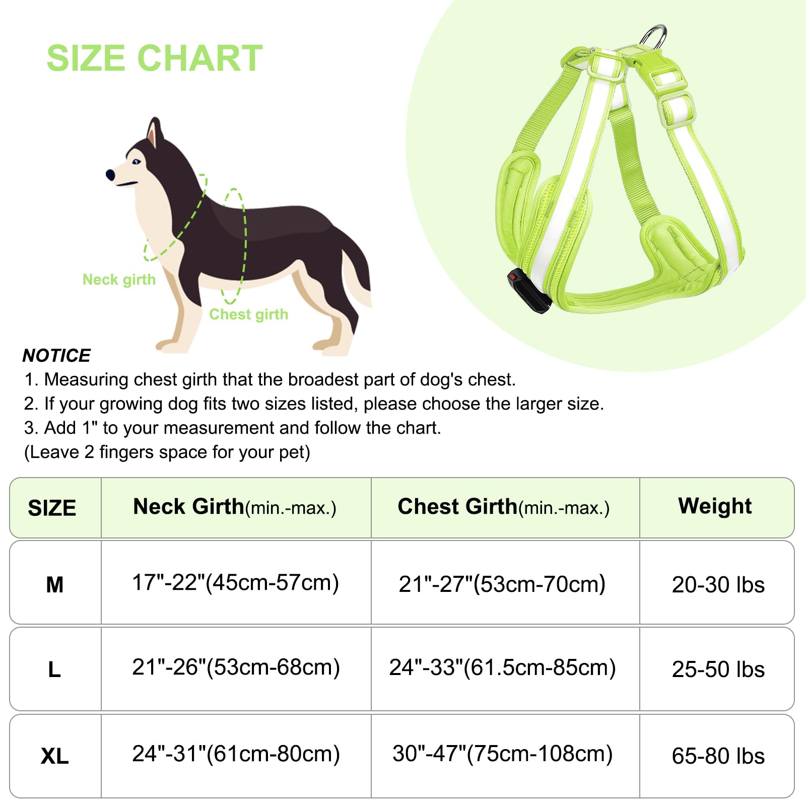 Pzrlit Light Up Dog Harness - Led Dog Harness Rechargeable, No Choke Illuminated Glow Dark Harness Vest Waterproof For Medium Large Dogs For Camping Night Safety Walking-Green,L