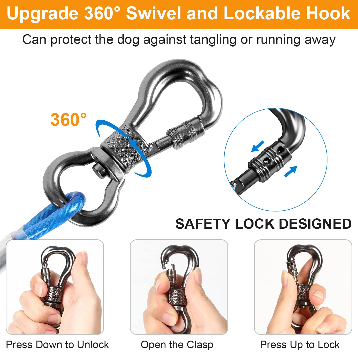 Tresbro 20 Ft Dog Tie Out Cable, Heavy Duty Dog Chains For Outside With Spring Swivel Lockable Hook, Pet Runner Cable Leads For Yard, Blue Dog Line Tether For Small Medium Large Dogs Up To 500 Lbs