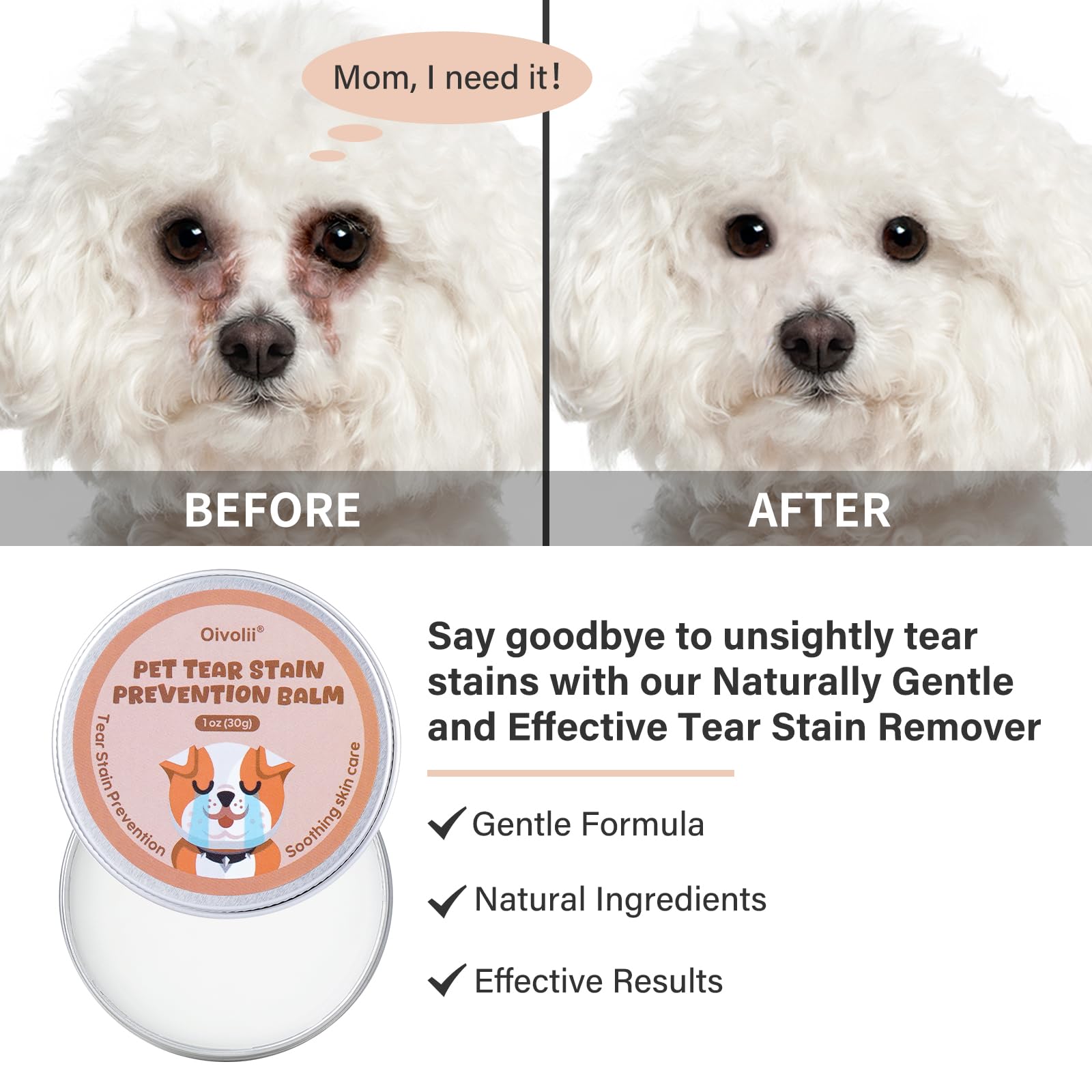 Oivolii Tear Stain Remover Balm for Dogs & Cats Natural, Safe Gentle & Effective Cleans Dog Tear Stains Great for Long Hair Dog,