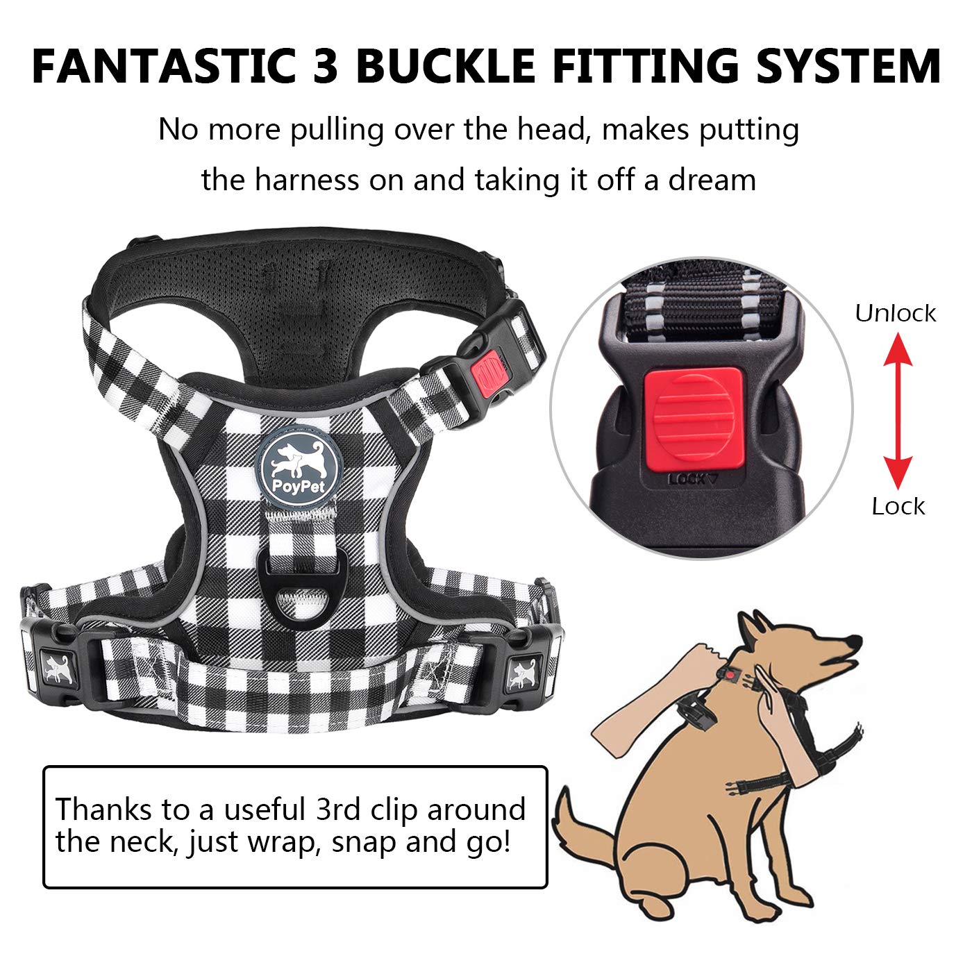 Poypet No Pull Dog Harness, [Neck Release] Reflective Adjustable No Choke Pet Vest With Front & Back 2 Leash Attachments, Soft C