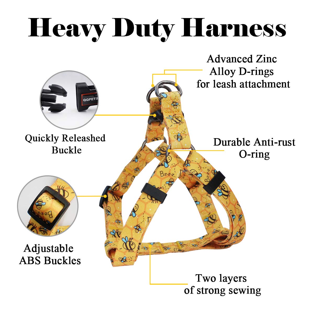 Qqpets Dog Harness Leash Set Adjustable Heavy Duty No Pull Halter Harnesses For Small Medium Large Breed Dogs Back Clip Anti-Twist Perfect For Walking (M(19'-26' Chest Girth), Yellow Bee)