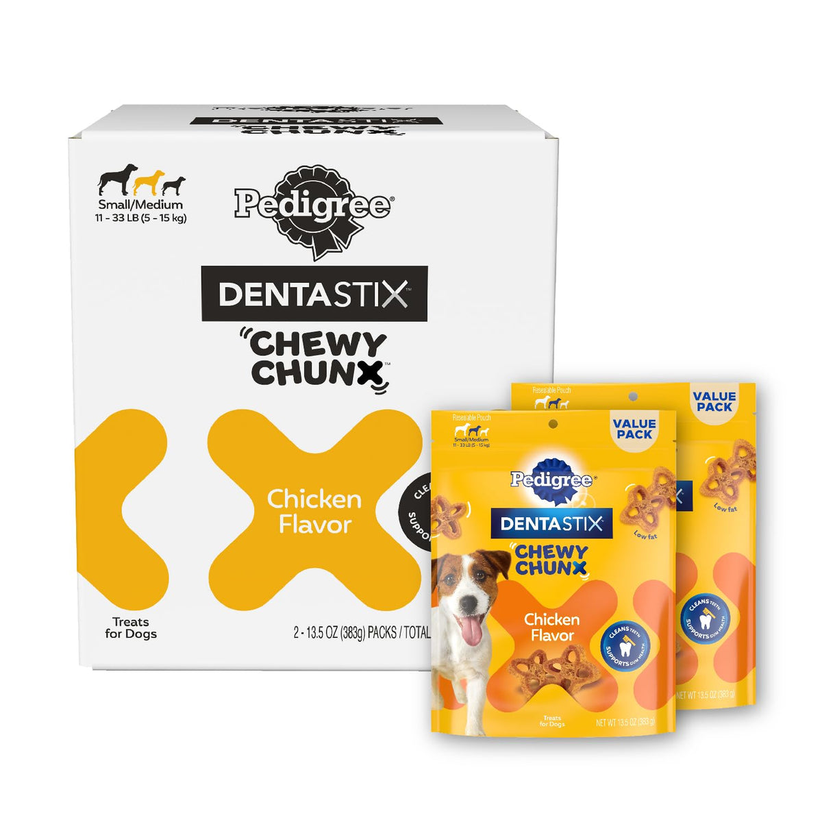 Pedigree Dentastix Chewy Chunx Dental Treats, Small/Medium Dog, 13.5 Oz Pouches, Pack Of 2