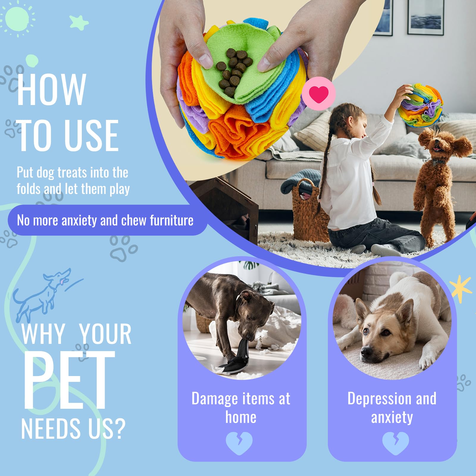 Larimuer Puzzle Sniffing Interactive Dog Ball For Blind Dogs, Training, Stress Relief & Enrichment - Washable Treat Ball (20Cm,