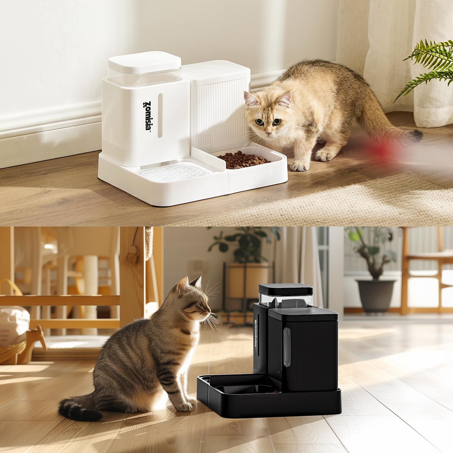 ZOMISIA Automatic Cat Feeder and Water Dispenser Set, 2 in 1 Gravity Cat Food Dispenser with 180 Degree Rotatable, Pet Self Feed