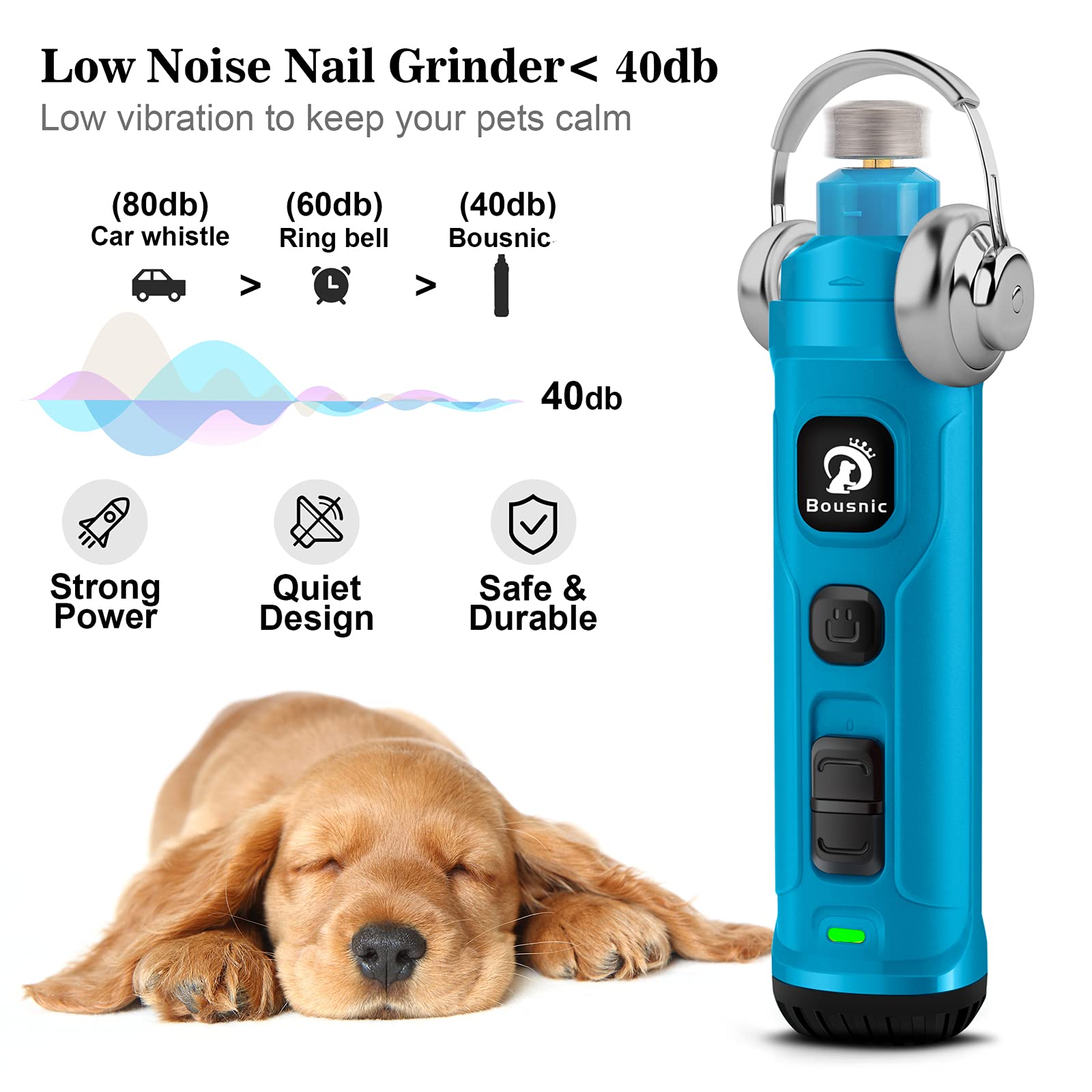 BOUSNIC Dog Nail Grinder with 2 LED Light - Super Quiet Pet Nail Grinder Powerful 2-Speed Electric Dog Nail Trimmer File Toenail