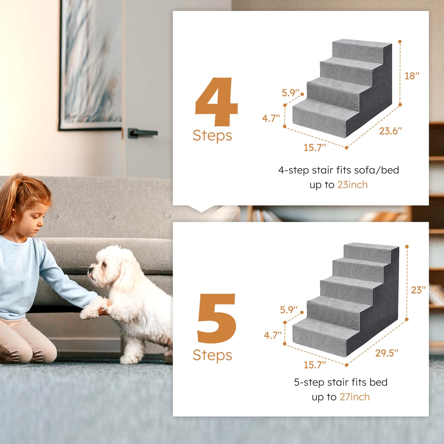 Heeyoo Dog Stairs For Small Dogs, 4-Step Dog Steps For High Bed And Couch, High-Density Foam Pet Steps With Supporting Board, No