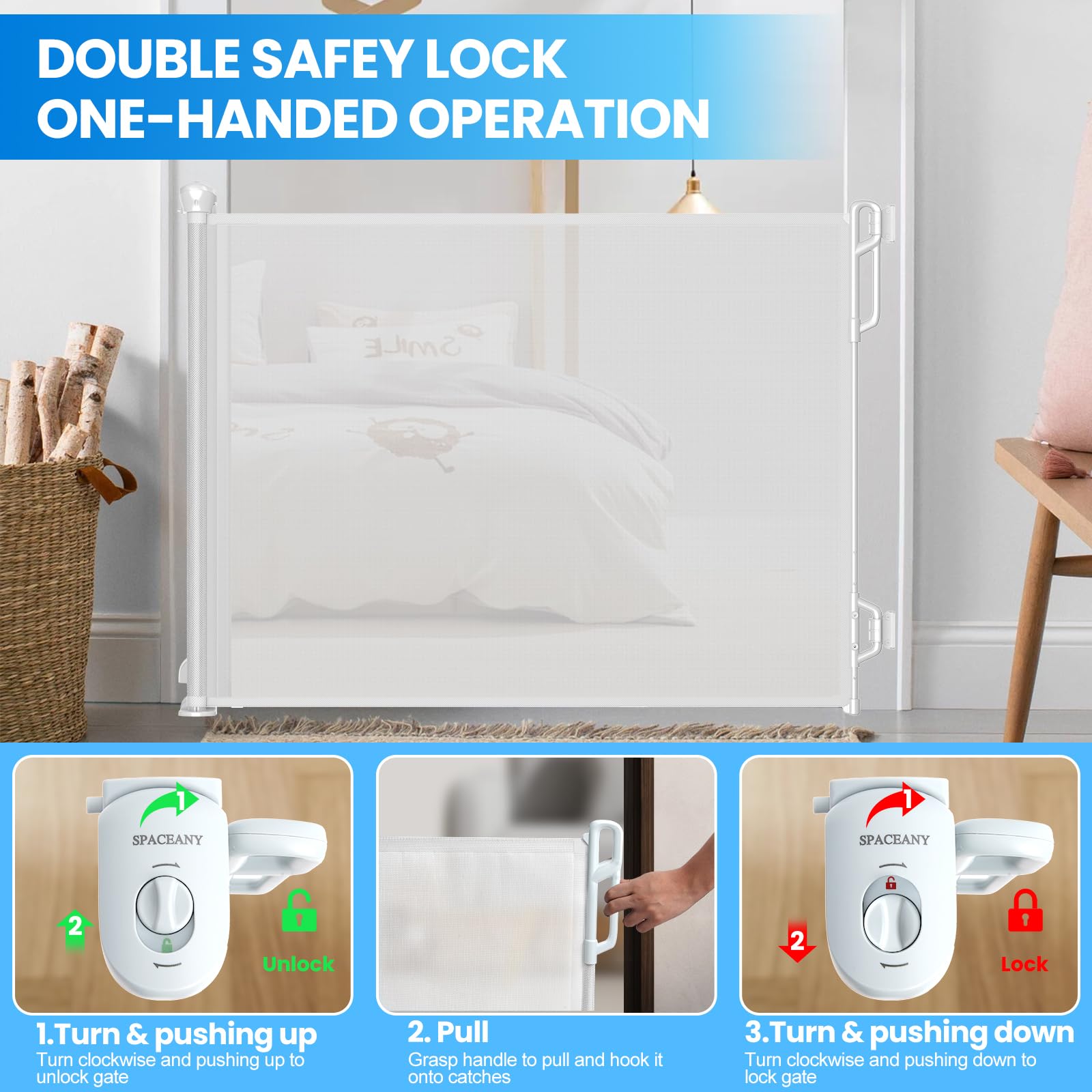 Spaceany Retractable Safety Baby Gate or Mesh Dog Gate,Durable Portable Mesh Retractable Gate,Easy to Use for Stairs, Doorways,