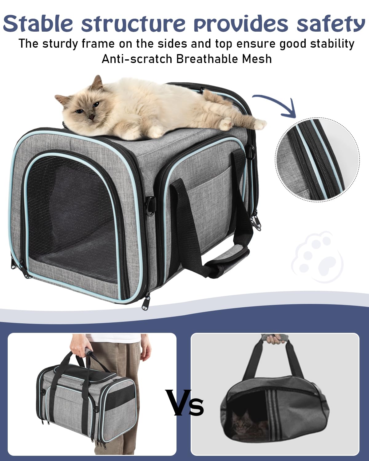 Siivton Cat Carrier,4 Sided Expandable Pet Carrier for Travel,Collapsible Soft-Sided Carriers with Removable Fleece Pad and Shou