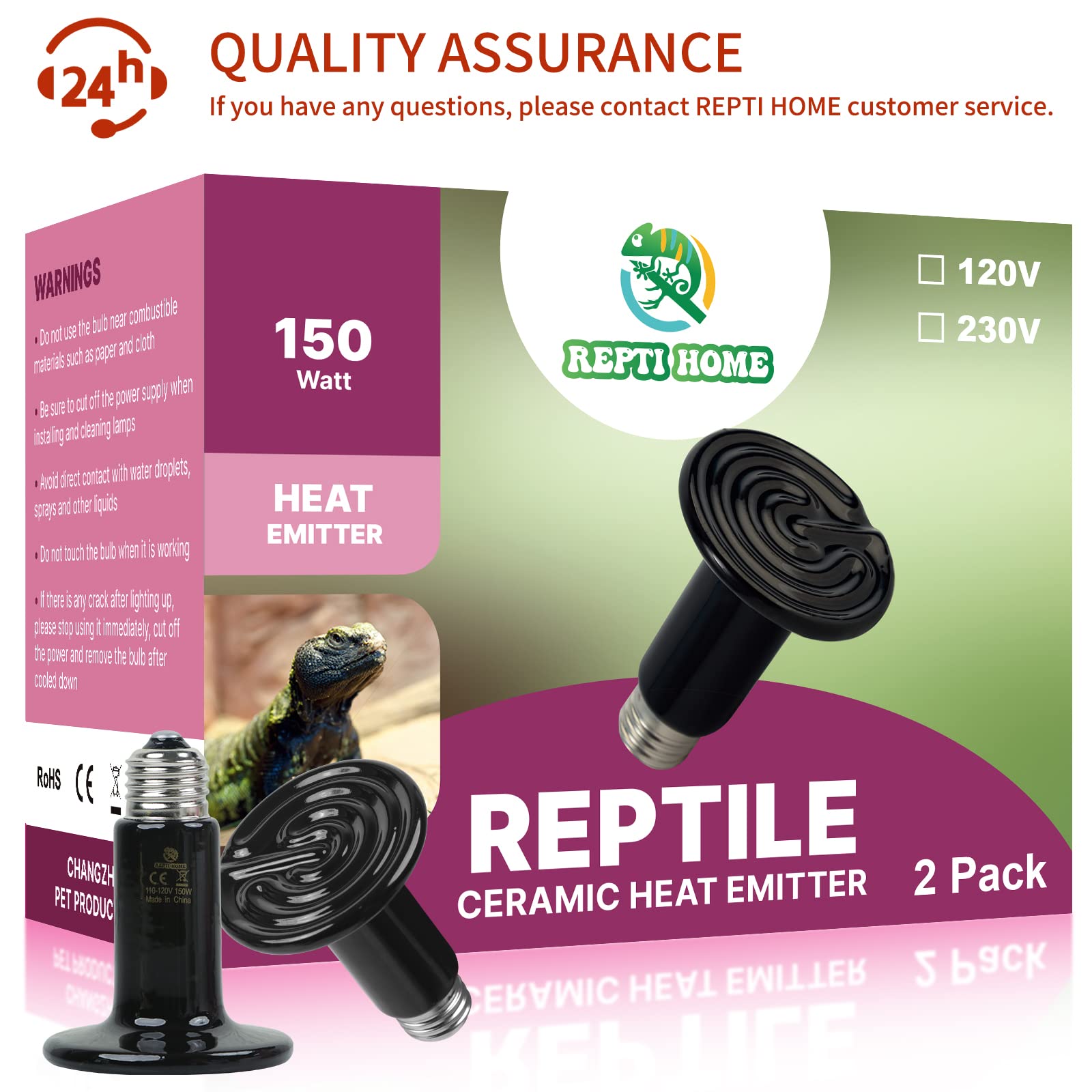 Repti Home 150W Ceramic Heat Emitter (2 Pack), Reptile Heat Lamp Bulbs, Ceramic Heater For Amphibian, Pet Brooder Coop, Chicken, Dog, Cat