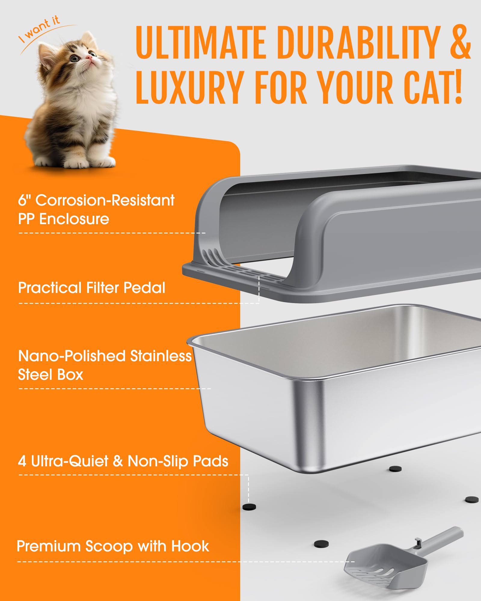 Powools Stainless Steel Cat Litter Box, Metal Kitty Litter Box With Scoop, Anti-Leakage Top Entry, Non-Sticky, Easy To Clean, Gr