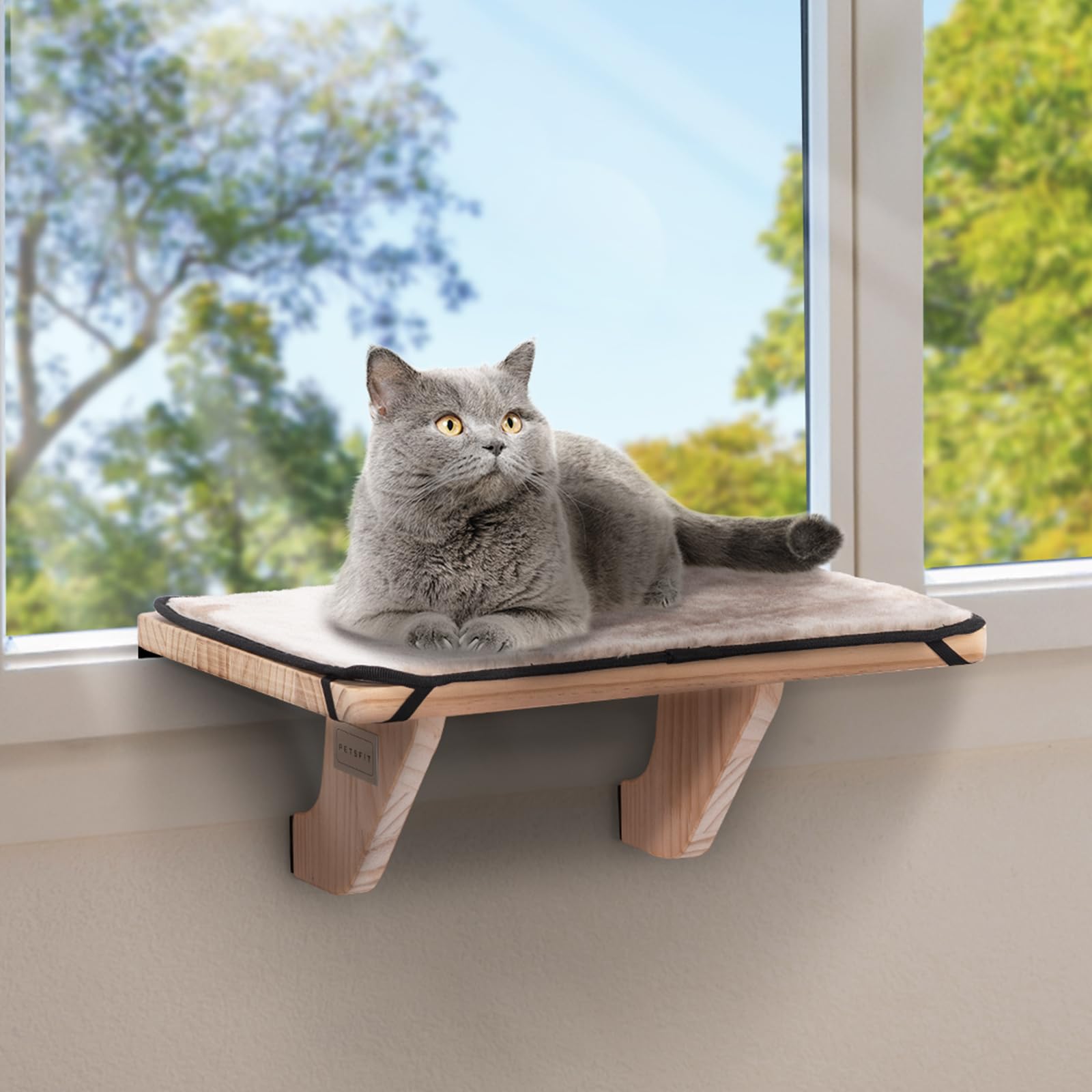 Petsfit Window Perch, Cat Hammock Window Seat With Natural Solid Wood&Removable Fleece Mat,Safety Sturdy Cat Bed For Windowsill,