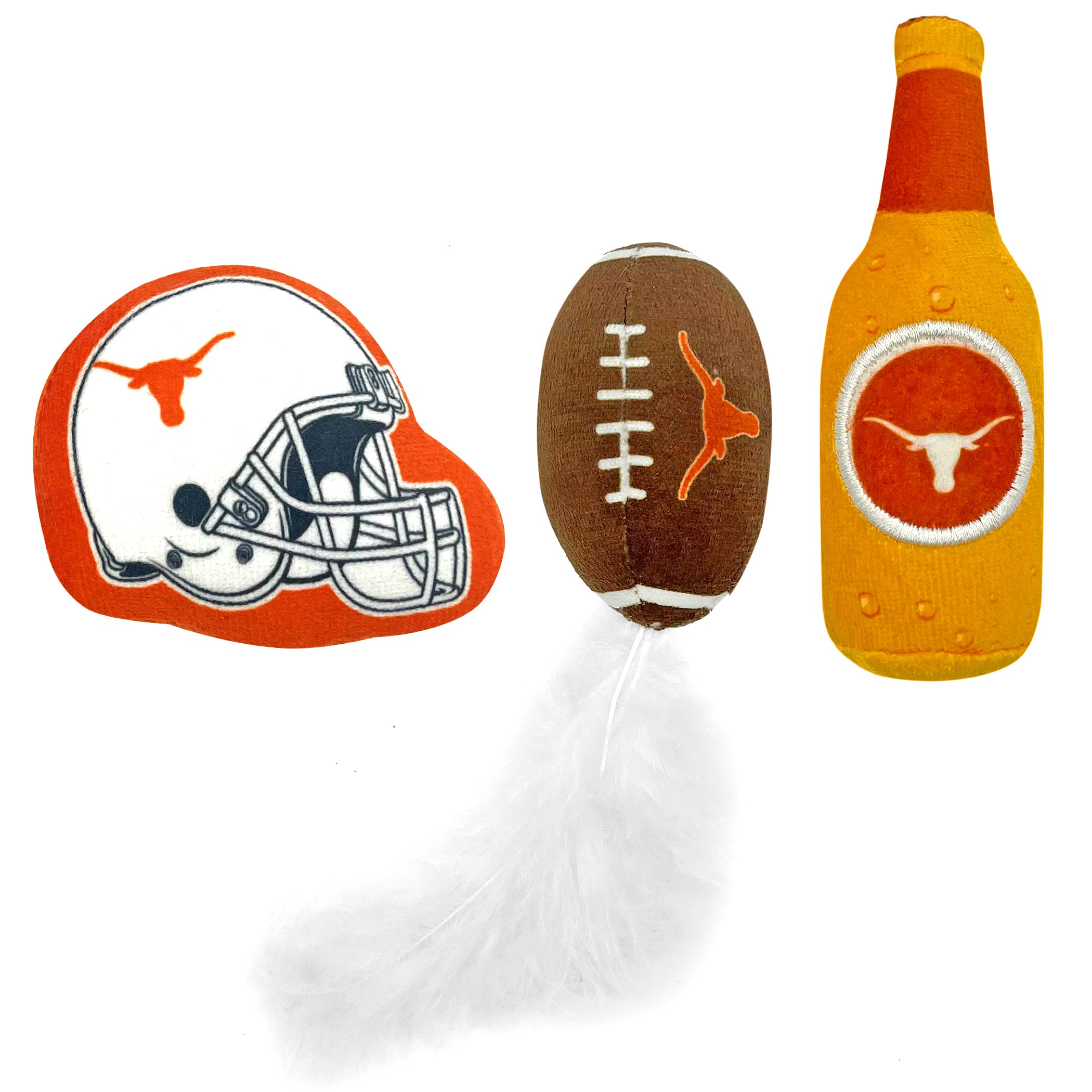 Best Plush Cat Toy - Ncaa Texas Longhorns Complete Set Of 3 Piece Cat Toys Filled With Fresh Catnip. Includes: 1 Helmet Cat Toy, 1 Football Cat Toy With Feathers & 1 Beer Bottle. Beautiful Team Logos