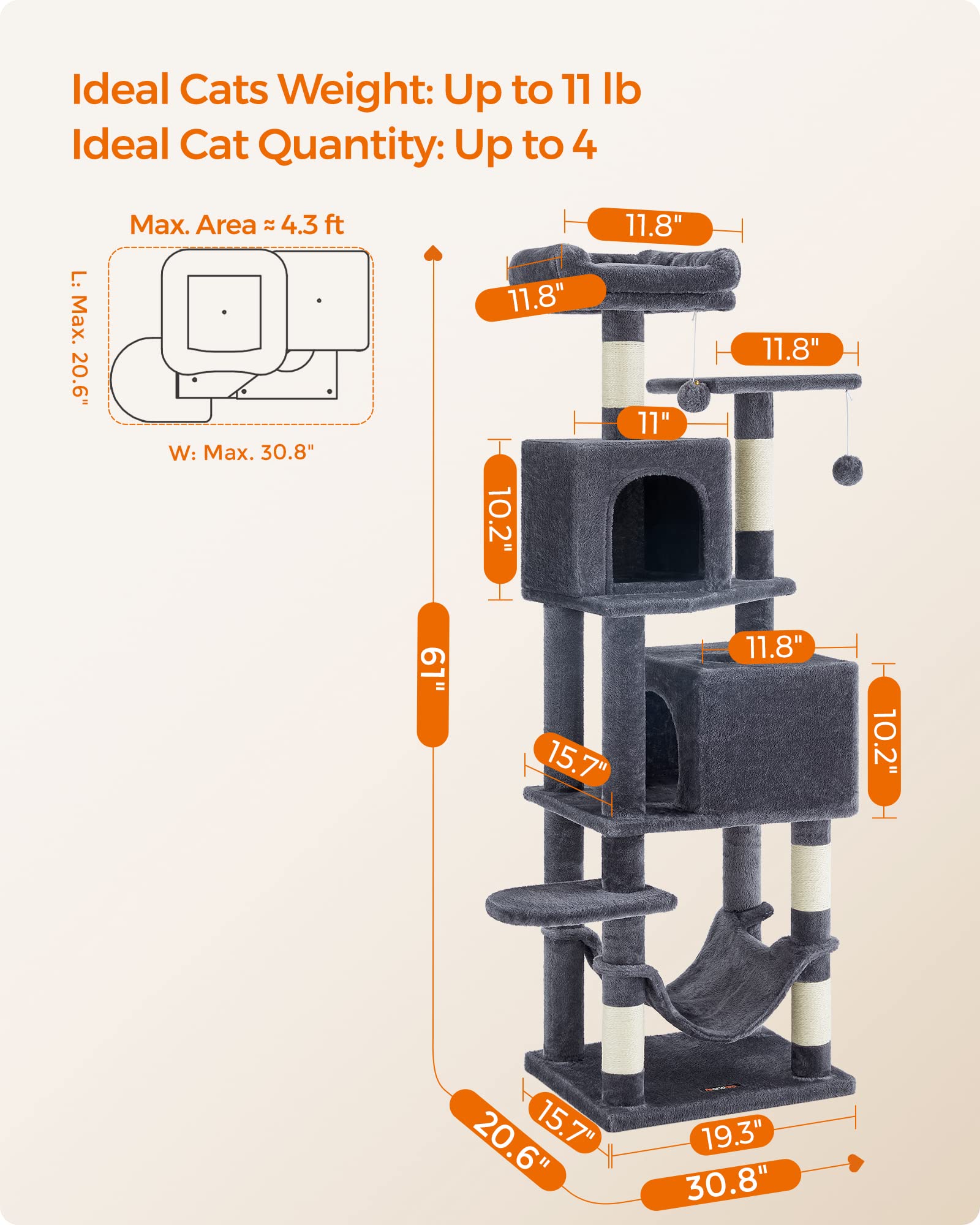 Feandrea Cat Tree, 61-Inch Cat Tower For Indoor Cats, Plush Multi-Level Cat Condo With 5 Scratching Posts, 2 Perches, 2 Caves, Hammock, 2 Pompoms, Smoky Gray Upct192G01