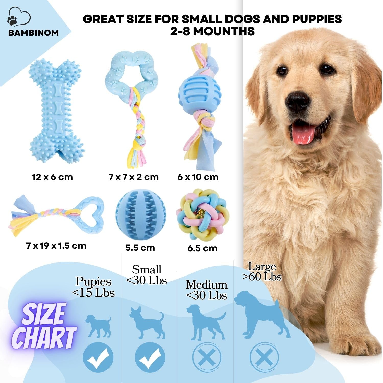 Bambinom Chew Toys For Small Dogs - 6 Pack Teething Set, Soft Rubber, Eco-Friendly, Teeth Cleaning, Interactive Blue Dog Toys