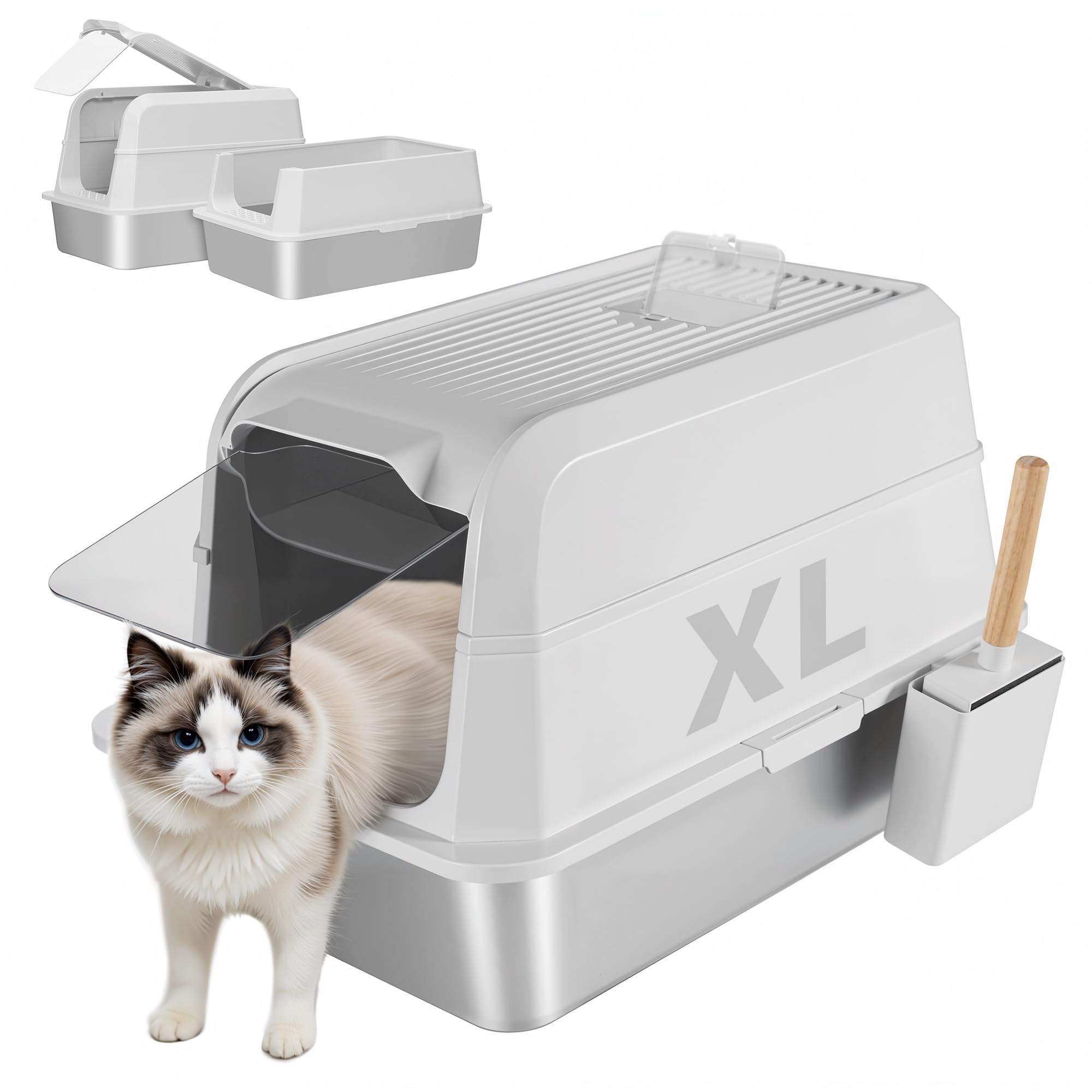 Unzipe Covered Stainless Steel Litter Box With Lid, Xl Extra Large Cat Litter Box, Enclosed Metal Litter Pan With High Sided Enc