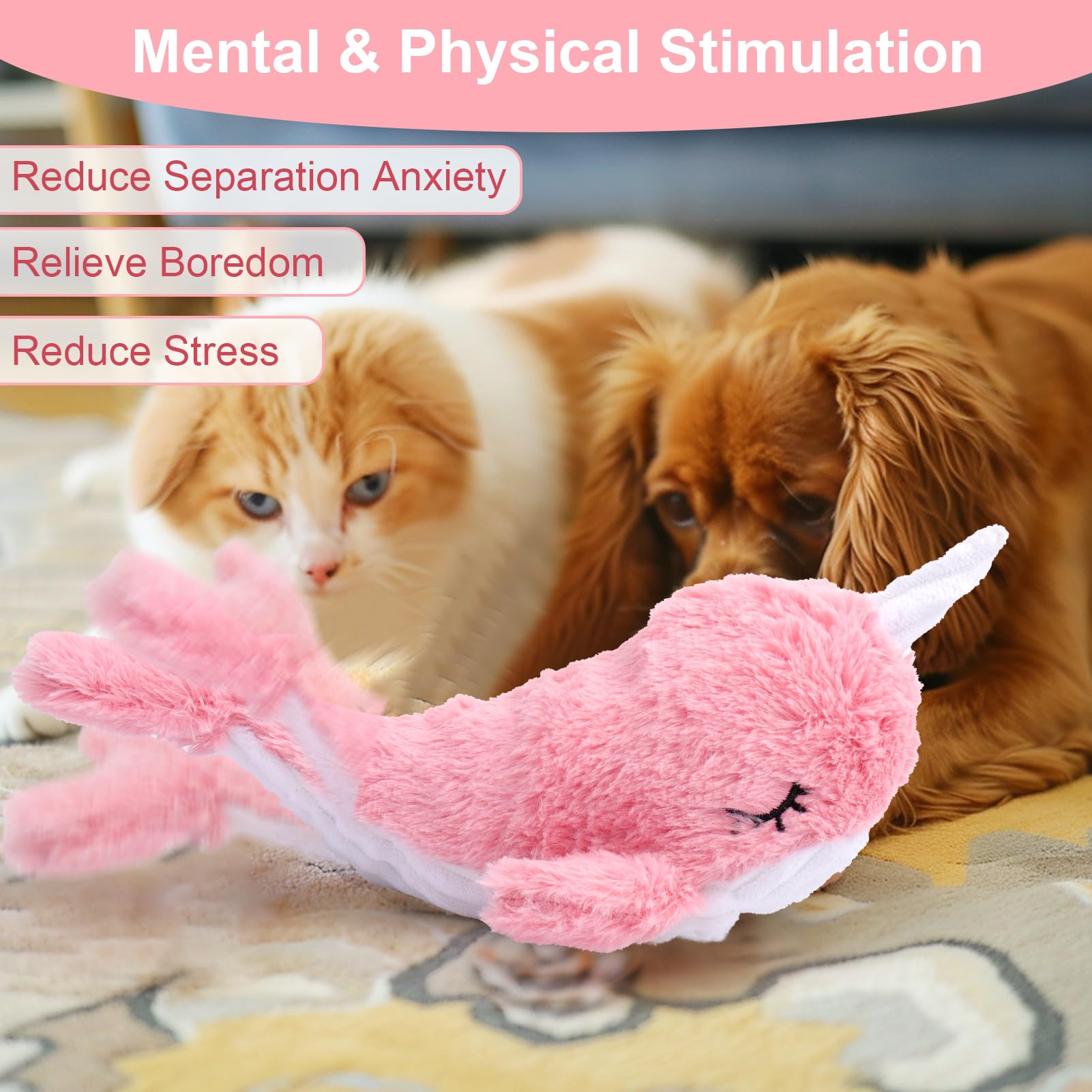 Mity Rain 2 In 1 Interactive Dog Toys, Fish Dog Toy To Keep Them Busy, Plush Squeaky Dog Toys, Rechargeable Wiggly Pink Pet Toys