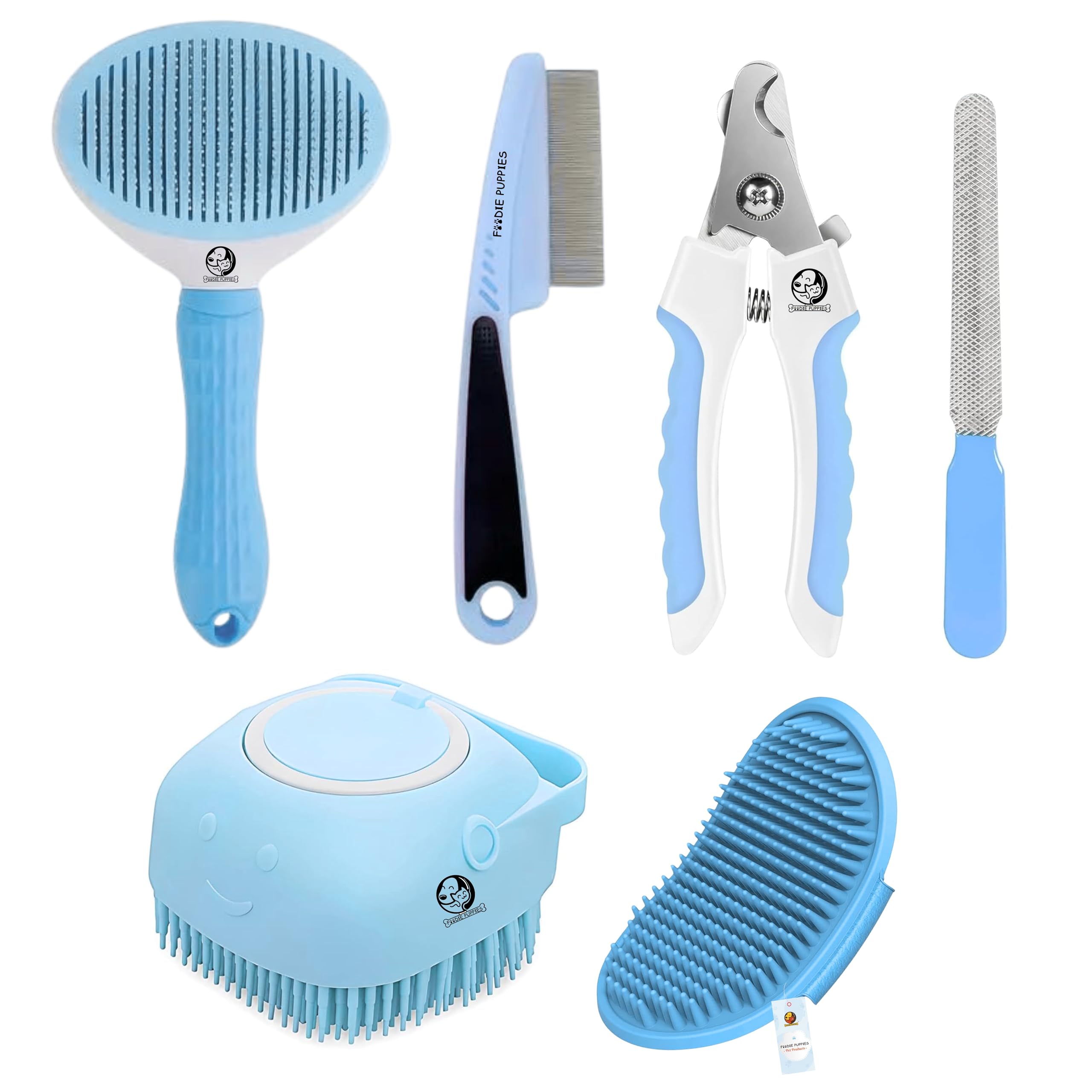 Foodie Puppies 5In1 Grooming Combo Of (Oval Slicker Brush, Flea Comb, Silicone Bath Brush, Soothing Glove, Nail Clipper & File