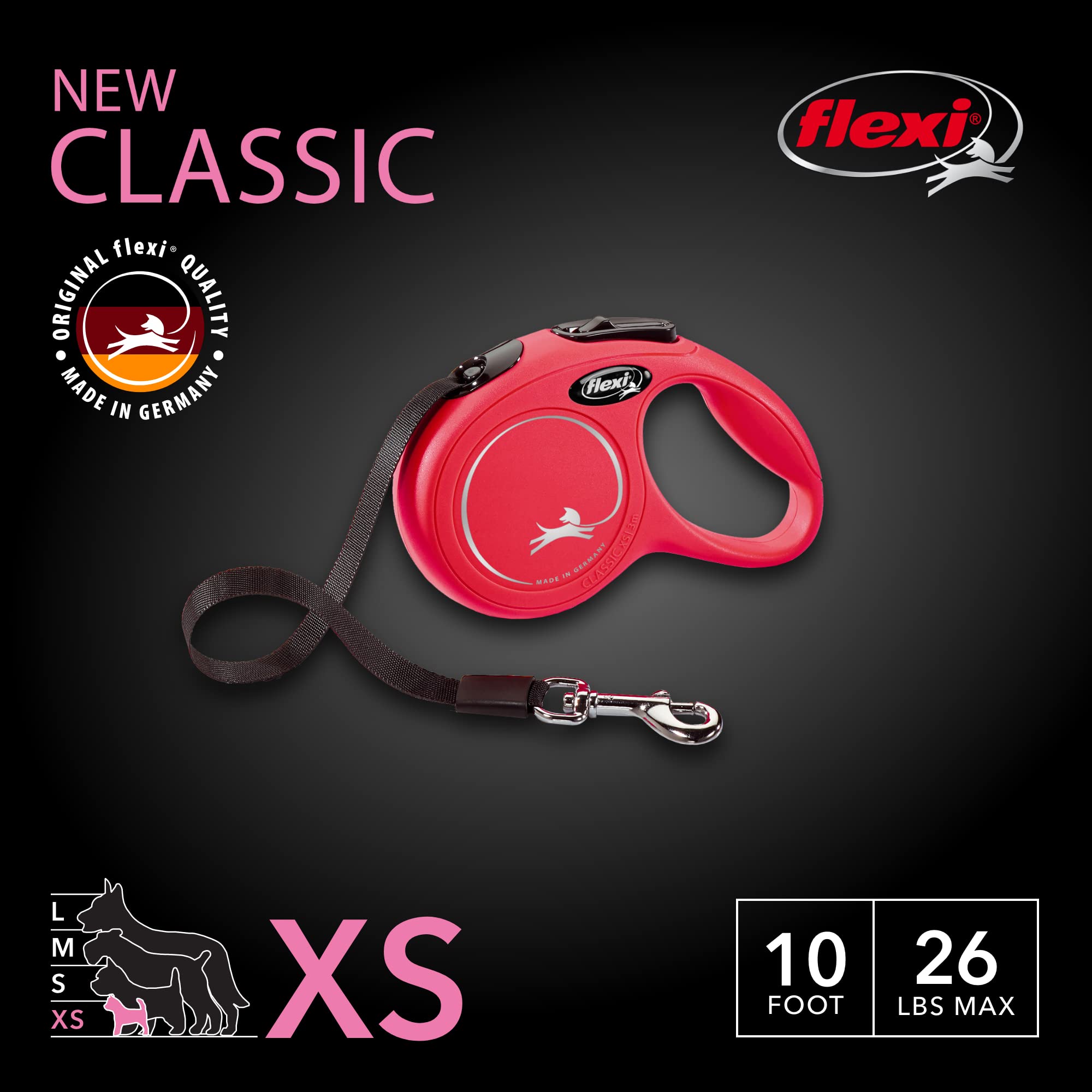 Flexi New Classic Tape Retractable Dog Leash For Small Dogs Upto 26 Lbs. – 10 Ft., Red | Tangle Free Pet Walking Leash With One-Handed Brake, Pause, Lock|German Quality Product