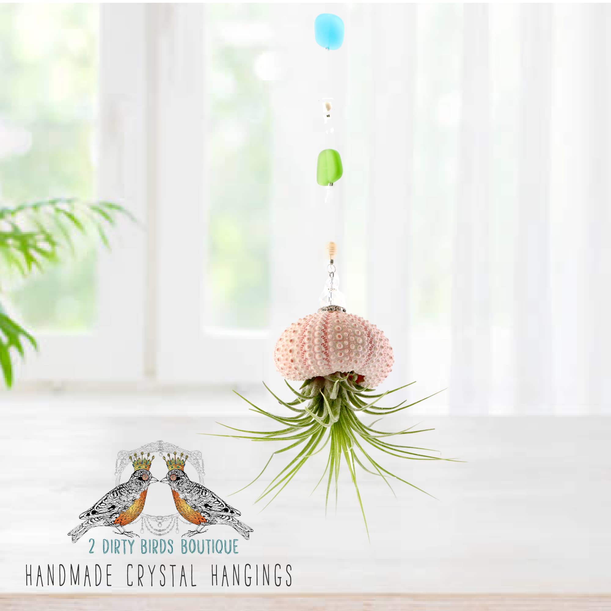 2 Dirty Birds, Handmade Single Peach Hanging Jellyfish Live Air Plants, Sea Urchin Shell W/Sea Glass, Swarovski & Freshwater Pea