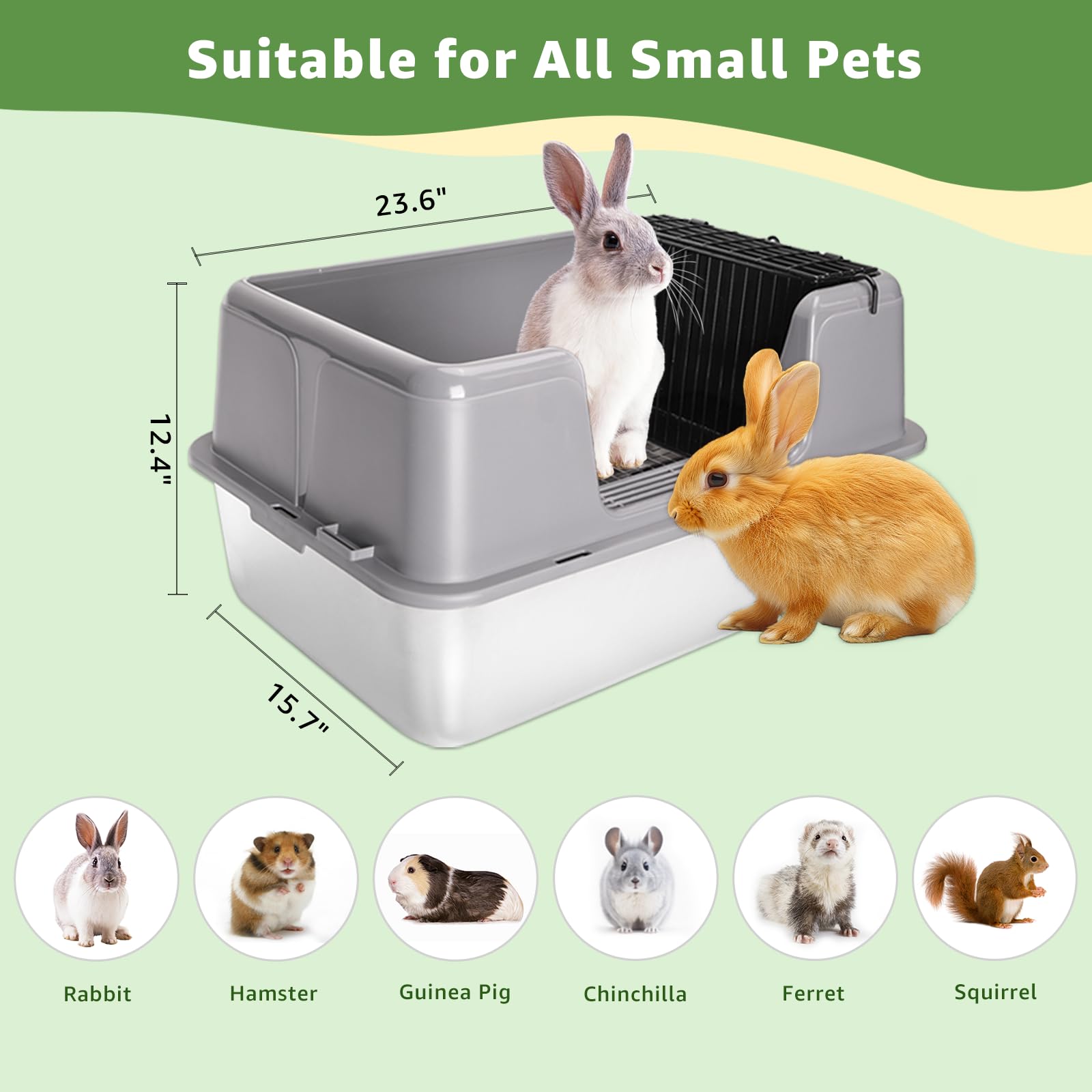Zuqqony Rabbit Litter Box, Xl Stainless Steel Rabbit Litter Box With Lid, Hay Feeder With Hooks, Footed Metal Grid, Easy To Clea