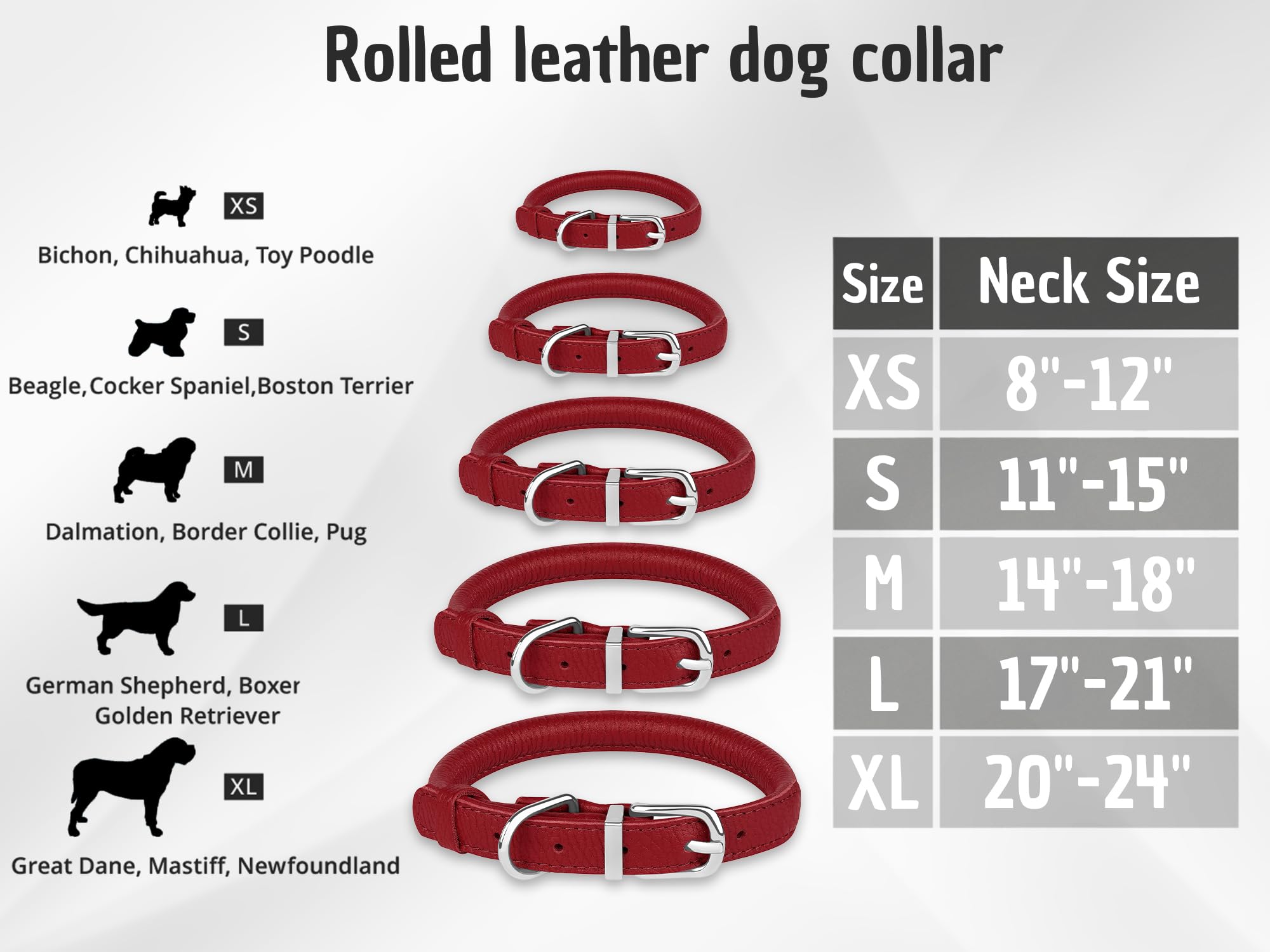 Oopsdoggy Rolled Leather Dog Collar Soft Roll Collars For Small Medium Large Dogs Puppy (Red, M, 12''-15'')