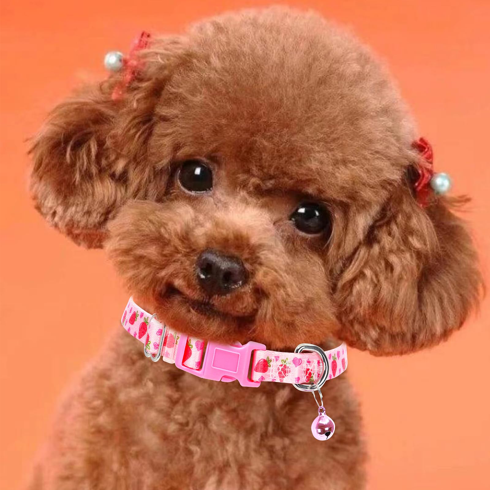 Cute Pink Xxs Xs Dog Collar With Bell, Soft Adjustable Strawberry Puppy Collar Tiny Cat Collars With Bells For Xs Small Girl Fem