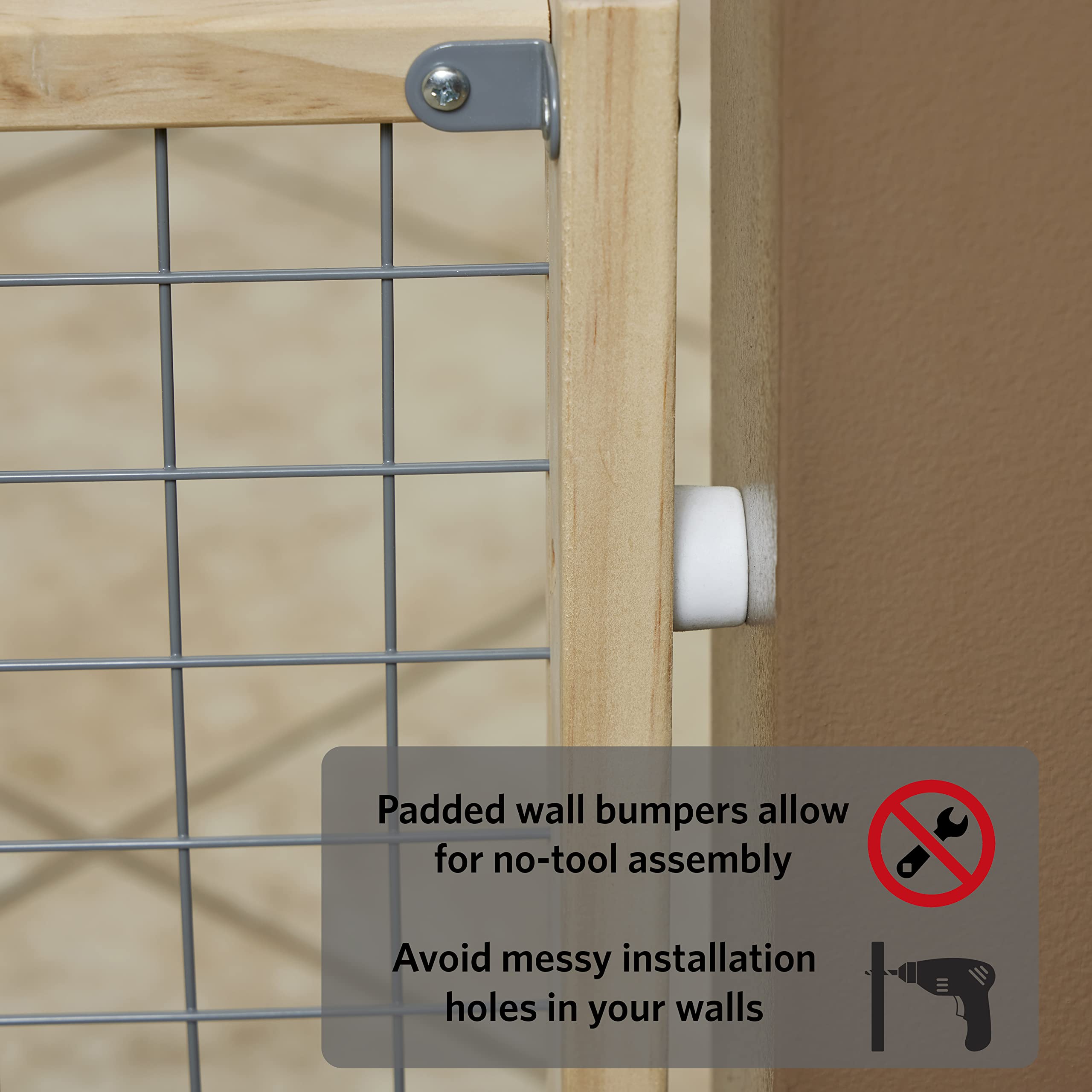 New World Wire Mesh Wood Dog Gate, Pet Gate, Does Not Damage Walls, No Tool Assembly, Features Patented Locking Arm, 24H X 27-41.5W - Inches, Natural Wood & Light Gray Mesh