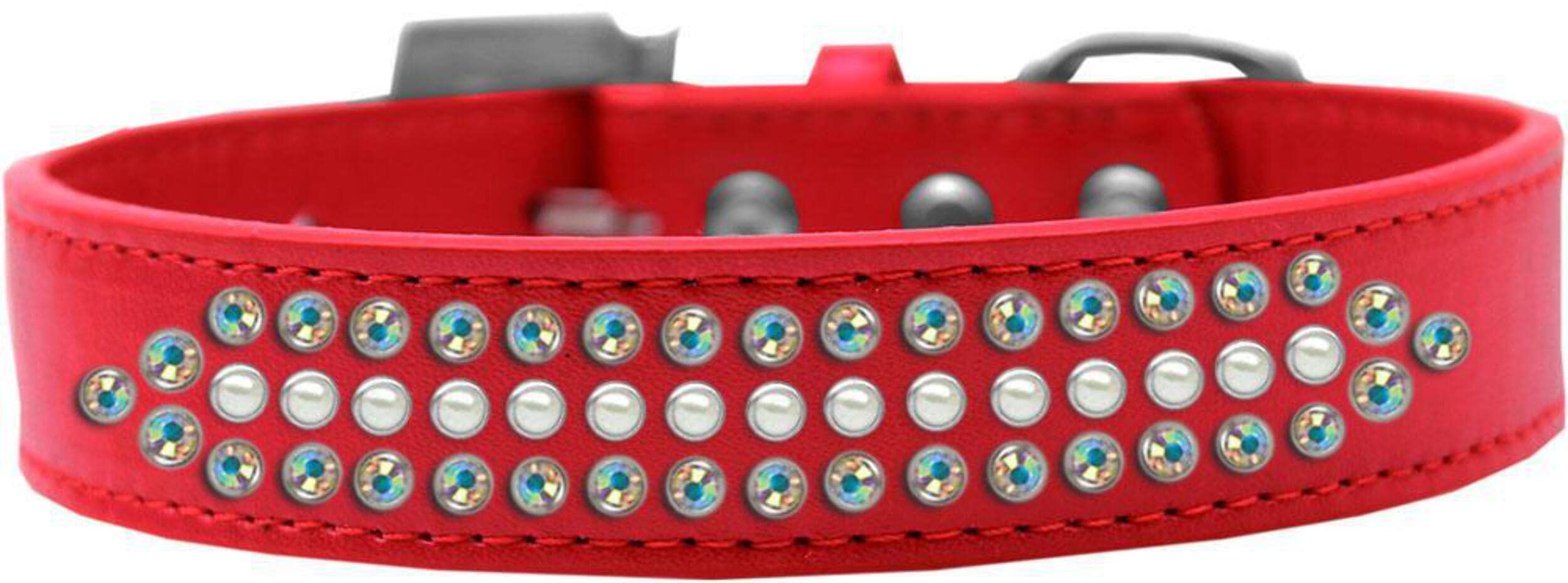 Dog, Puppy and Pet Fashion Collar, Ritz Pearl & Aurora Borealis Crystals Rimsets Red 20