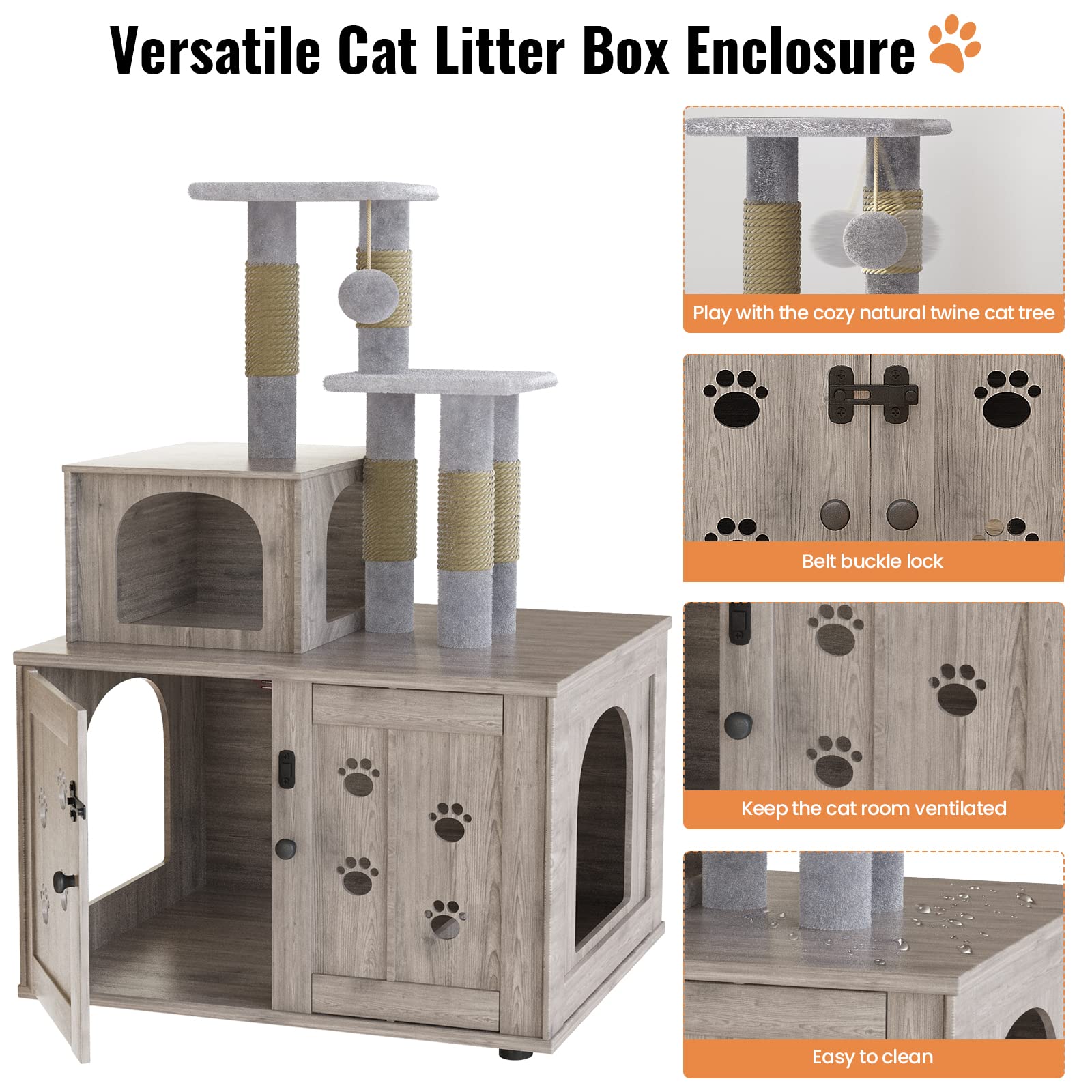 Dklgg Cat Tree With Cat Litter Box Enclosure, Hidden Washroom Furniture With Divider, Large Wooden Cat House With Cat Tree Condo