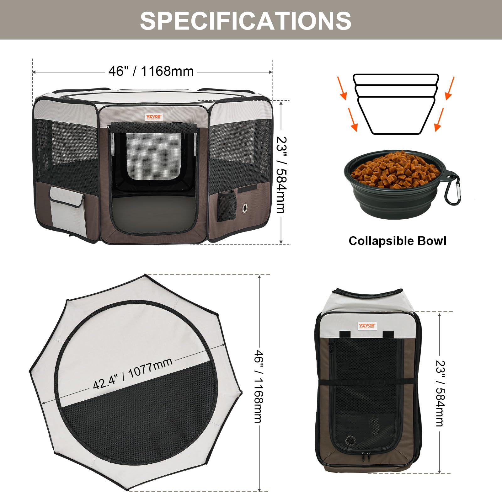 VEVOR Foldable Pet Playpen, 46 inch Portable Dog Playpen, Crate Kennel for Puppy, Dog, Cat, Premium Waterproof 600D Oxford Cloth